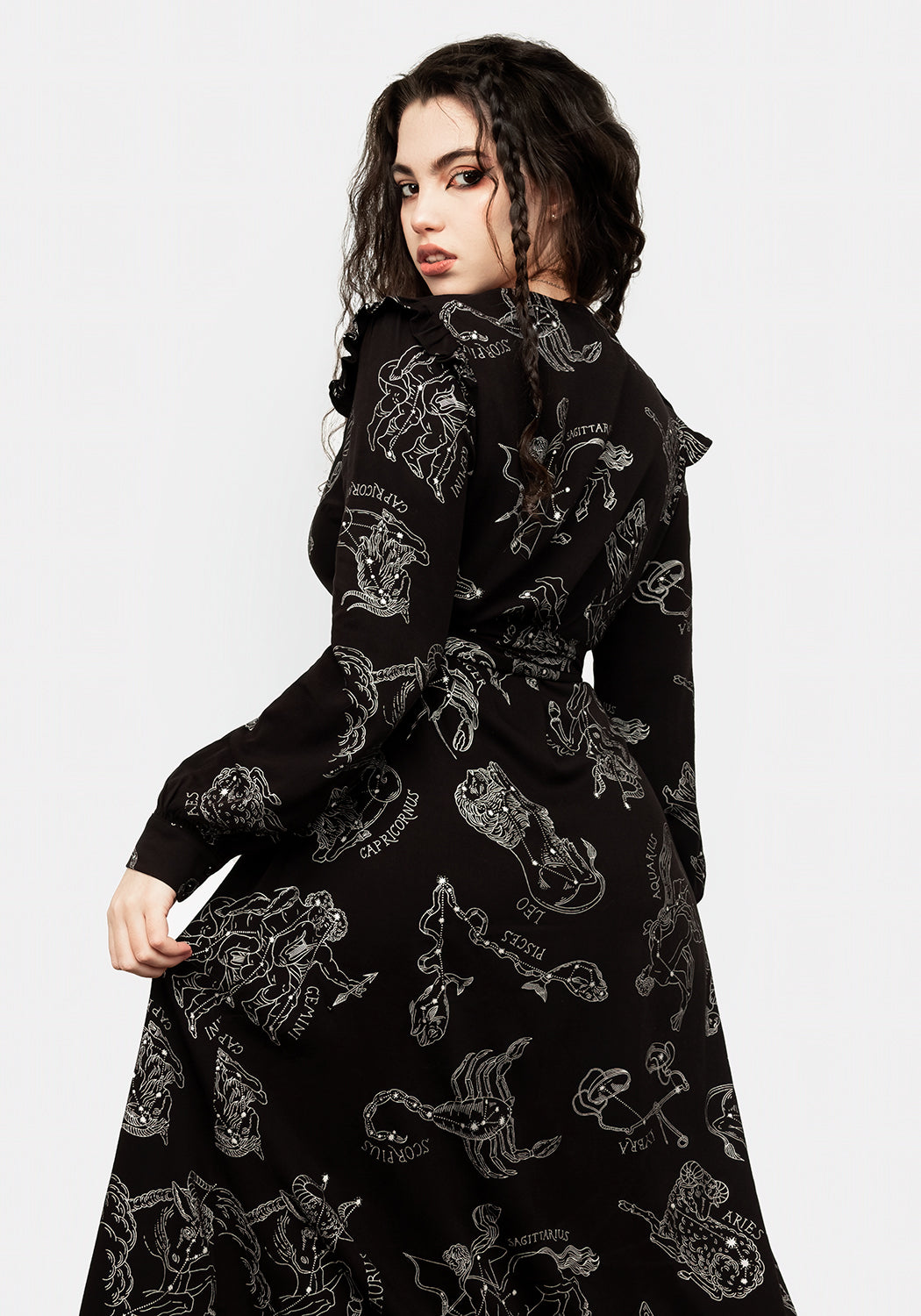 Black Long Sleeve Maxi Wrap Dress with Zodiac Print | Rayon