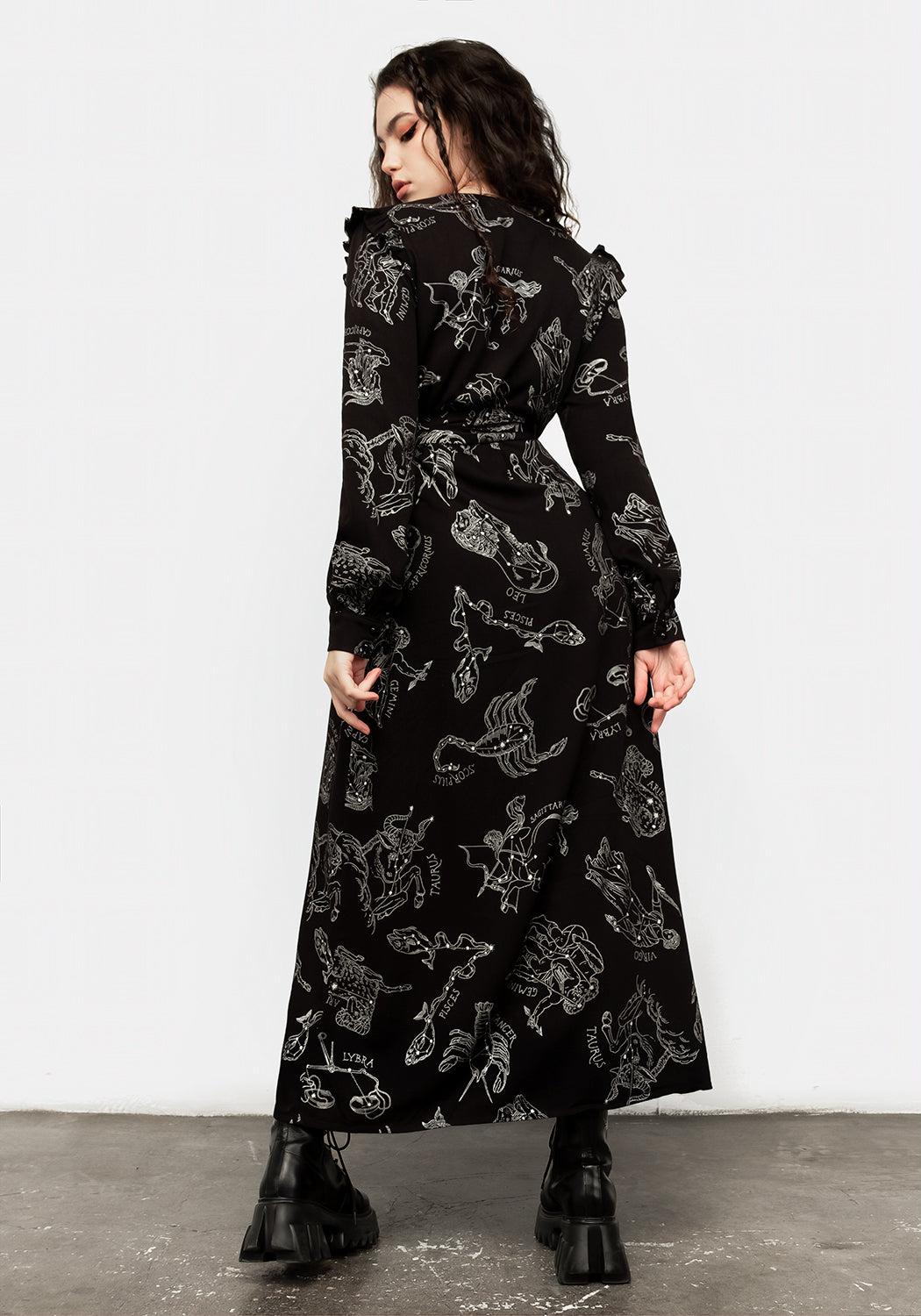 Black Long Sleeve Maxi Wrap Dress with Zodiac Print | Rayon