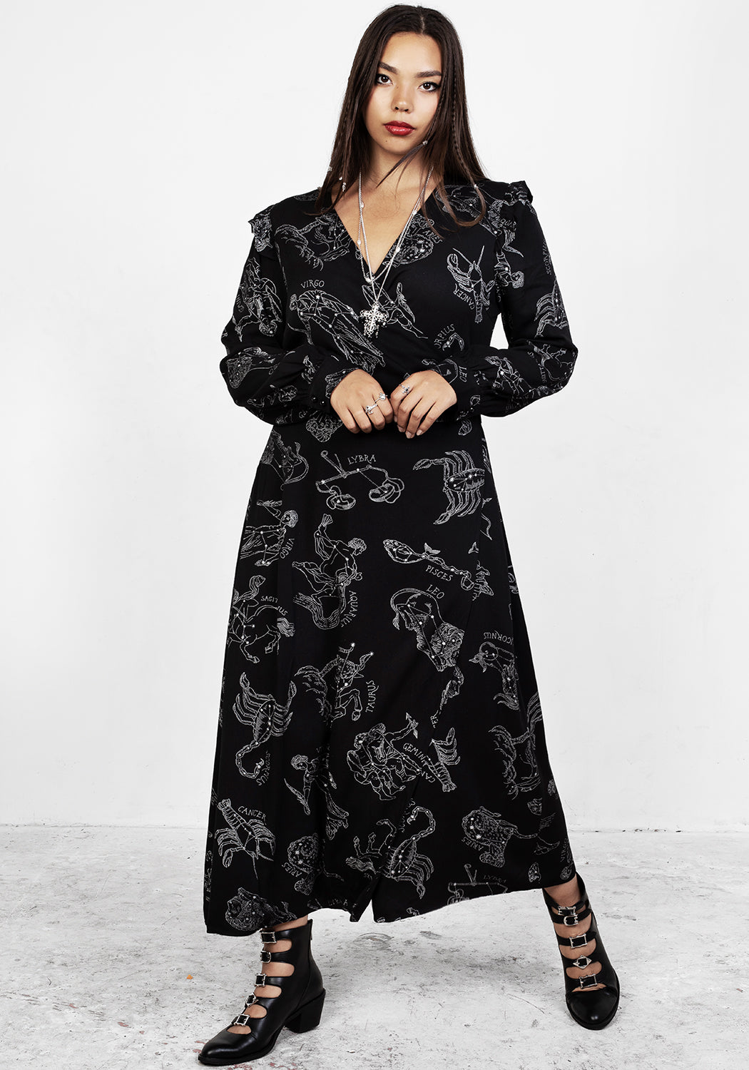 Black Long Sleeve Maxi Wrap Dress with Zodiac Print | Rayon