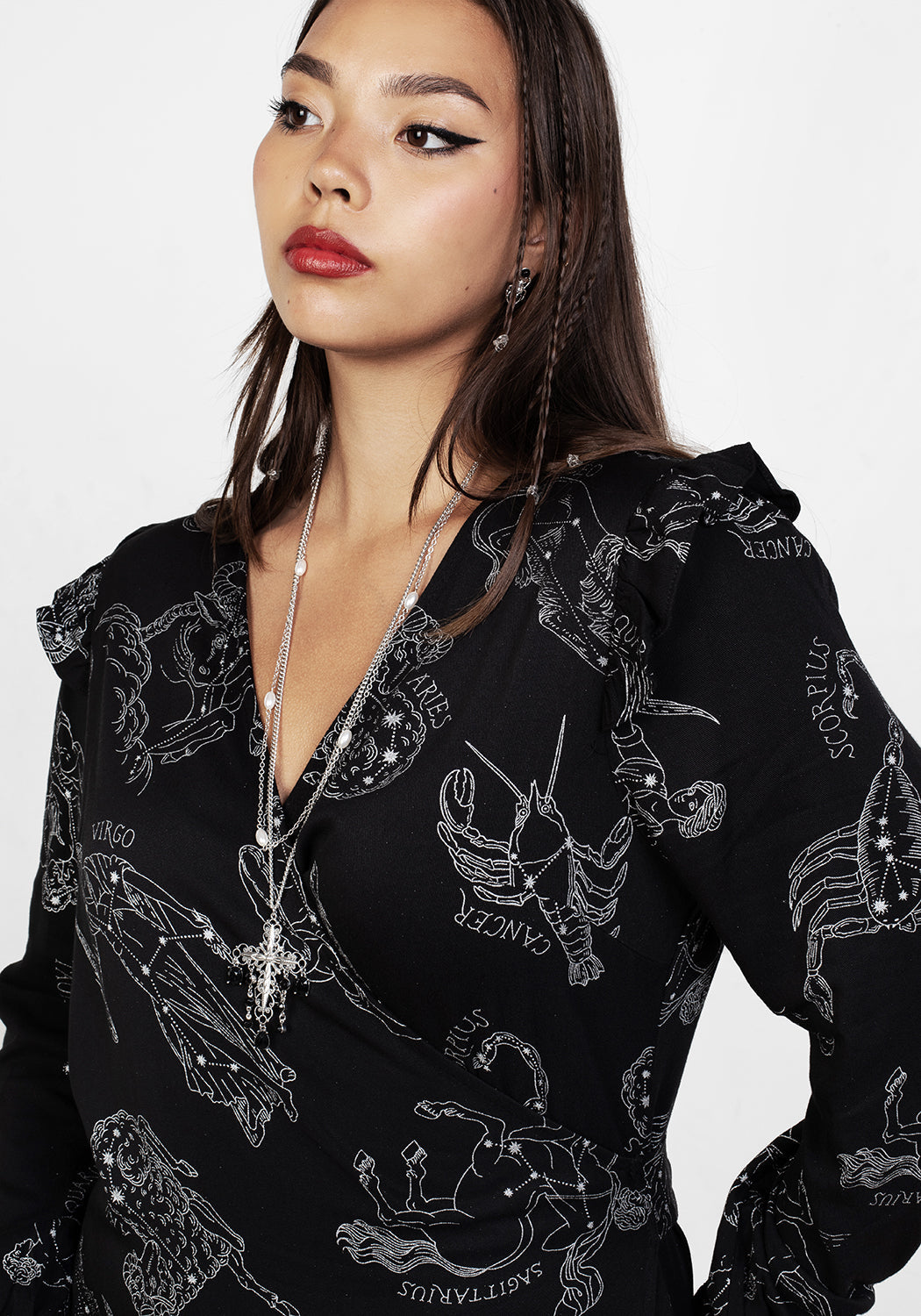 Black Long Sleeve Maxi Wrap Dress with Zodiac Print | Rayon