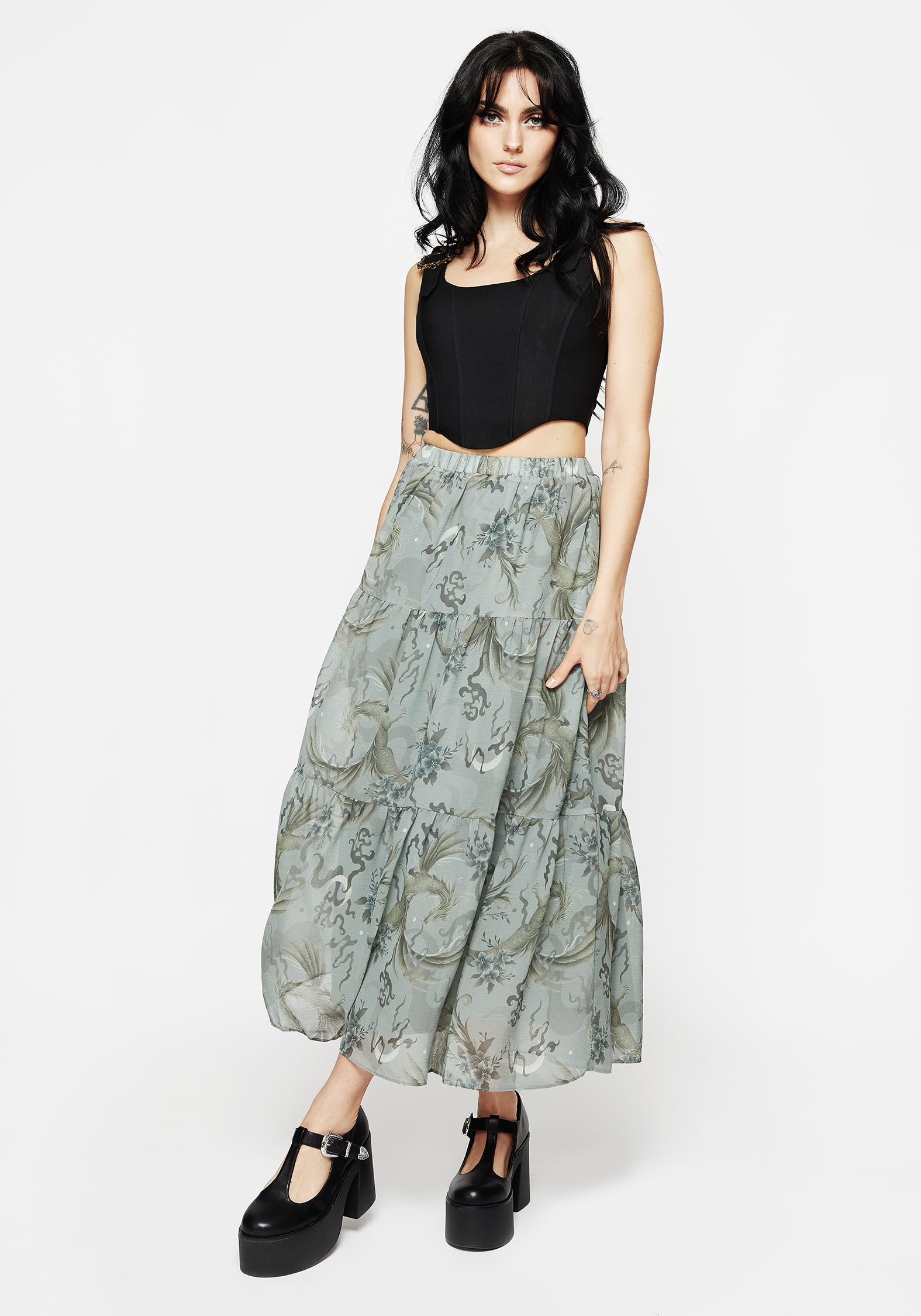 Pale Blue Dragon Print Chiffon Maxi Skirt | Tiered & Lined