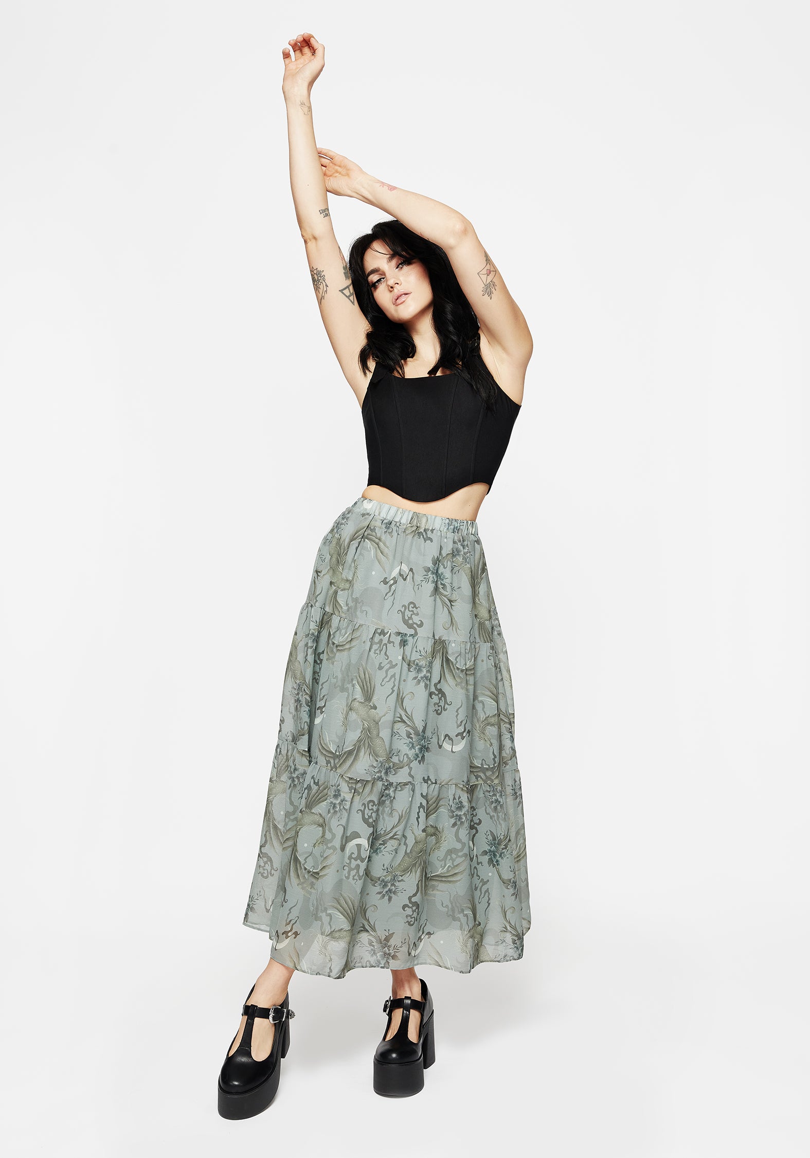 Pale Blue Dragon Print Chiffon Maxi Skirt | Tiered & Lined
