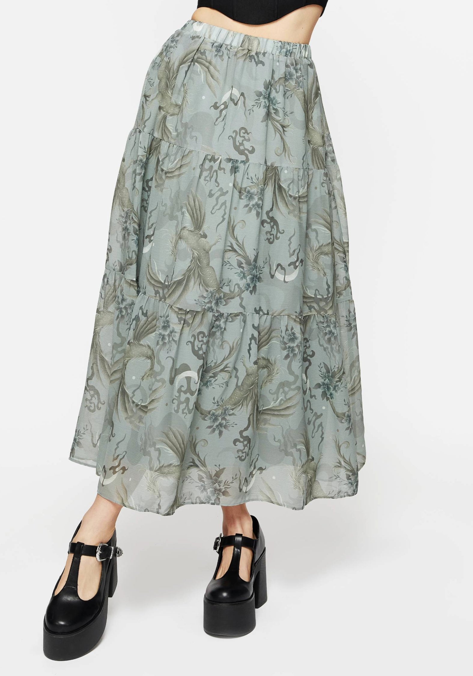 Pale Blue Dragon Print Chiffon Maxi Skirt | Tiered & Lined