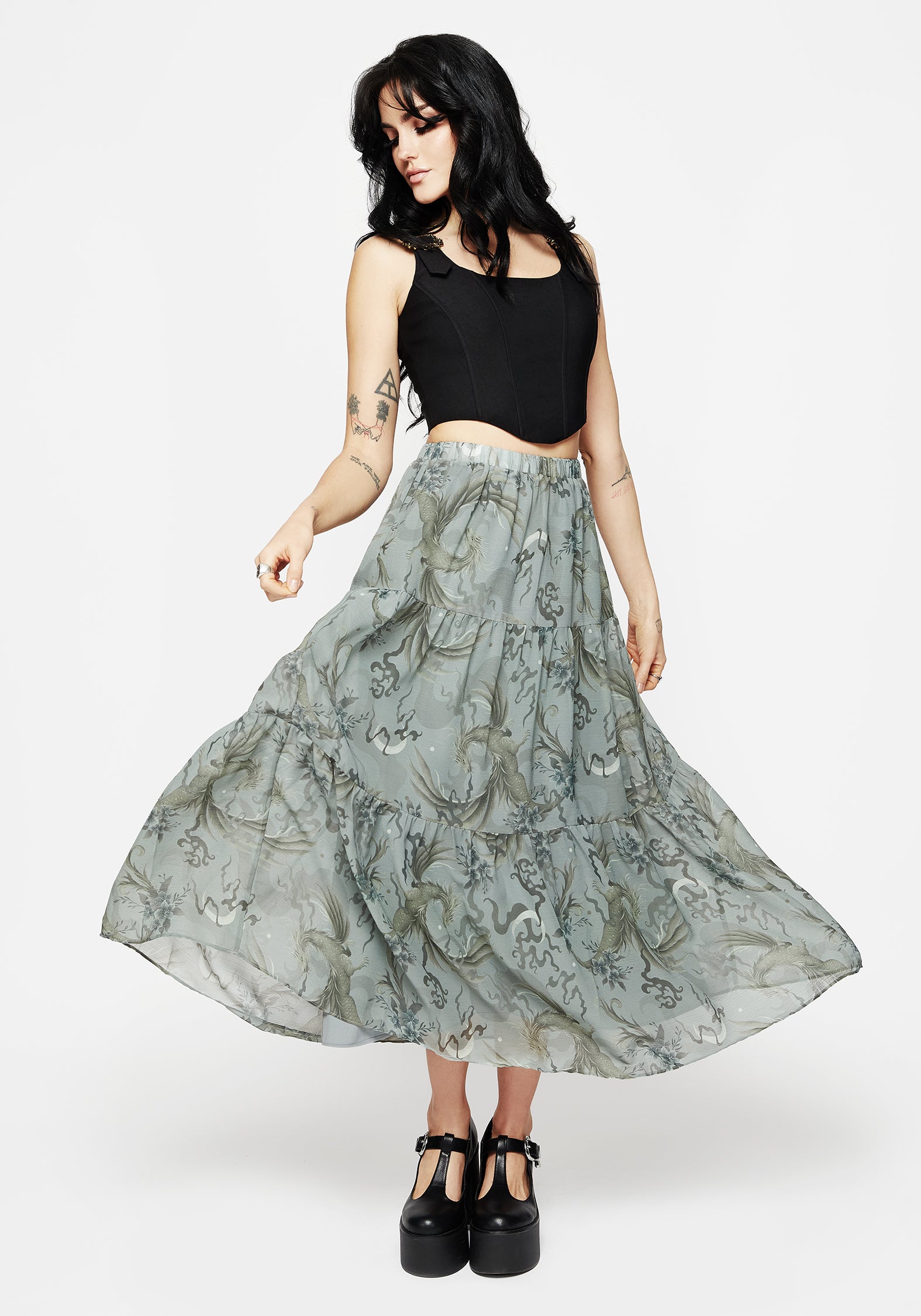 Pale Blue Dragon Print Chiffon Maxi Skirt | Tiered & Lined