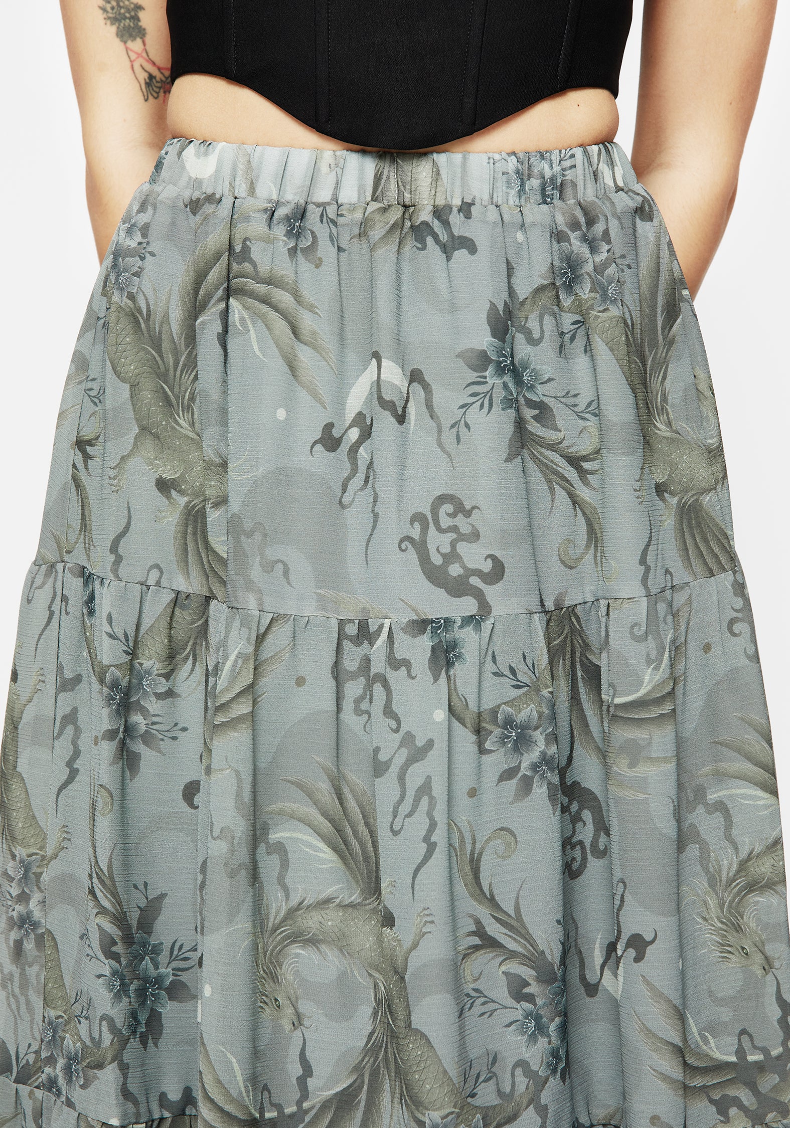 Pale Blue Dragon Print Chiffon Maxi Skirt | Tiered & Lined