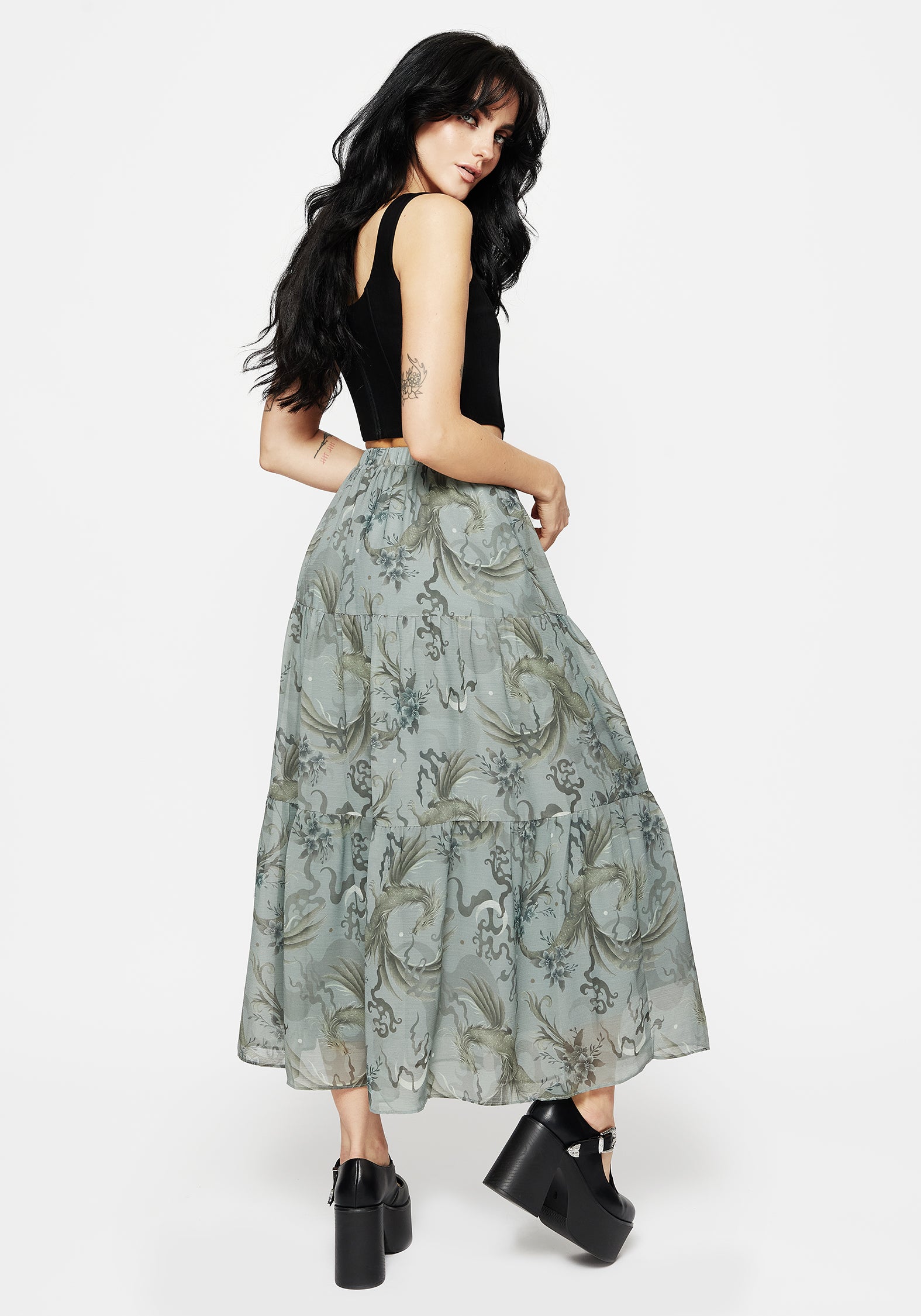Pale Blue Dragon Print Chiffon Maxi Skirt | Tiered & Lined