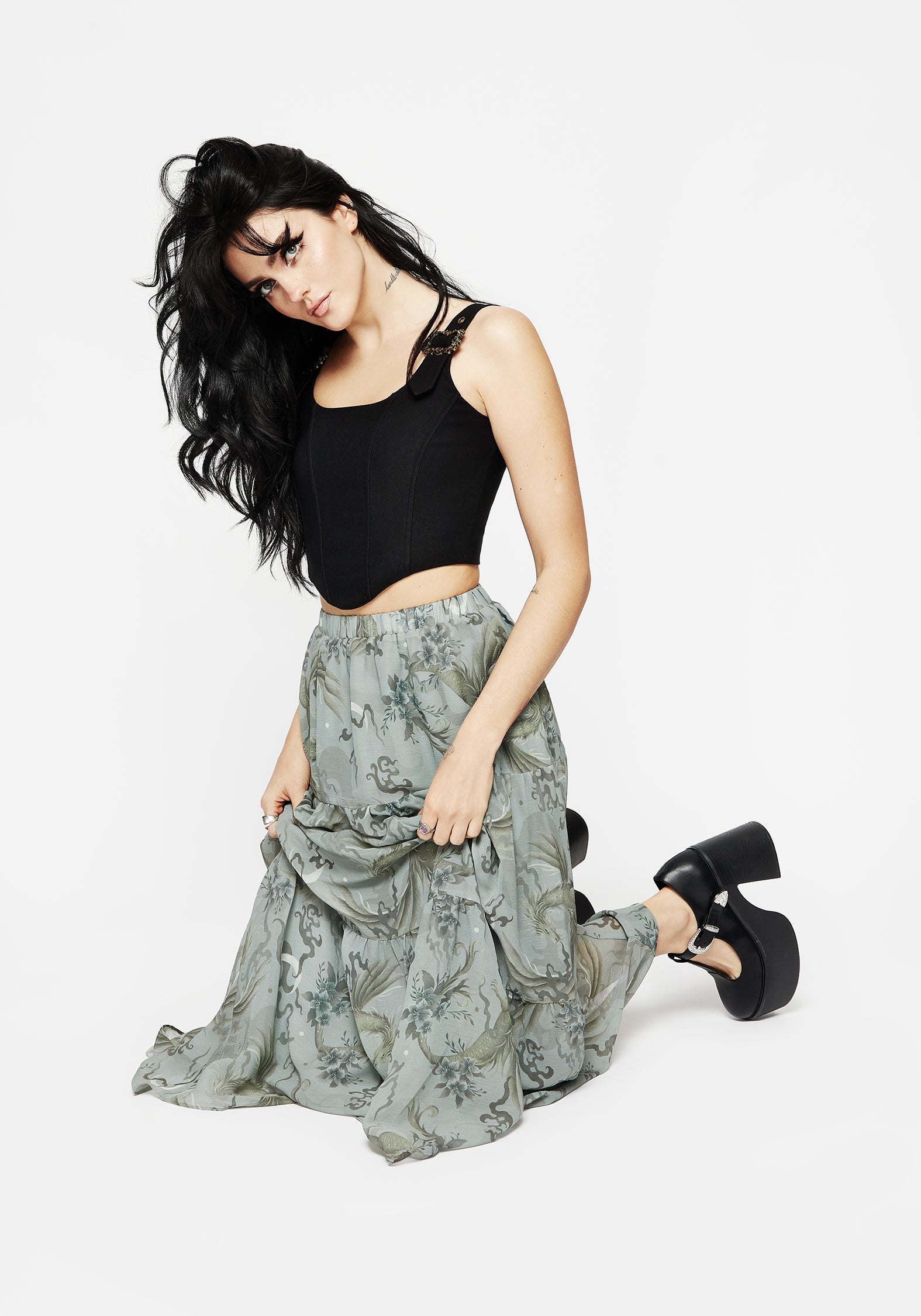 Pale Blue Dragon Print Chiffon Maxi Skirt | Tiered & Lined