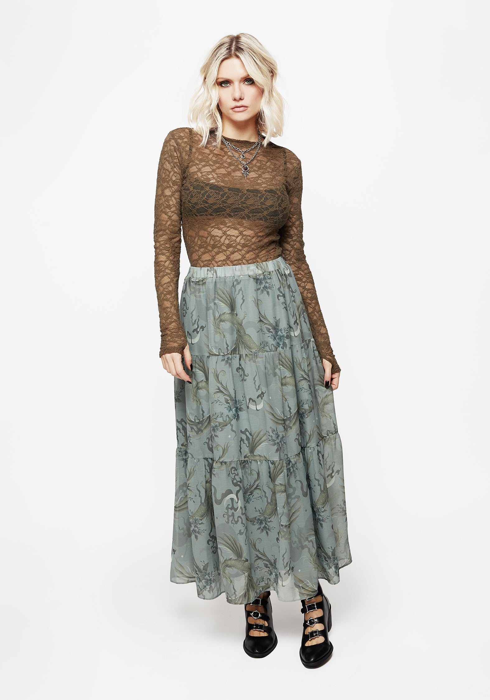 Pale Blue Dragon Print Chiffon Maxi Skirt | Tiered & Lined