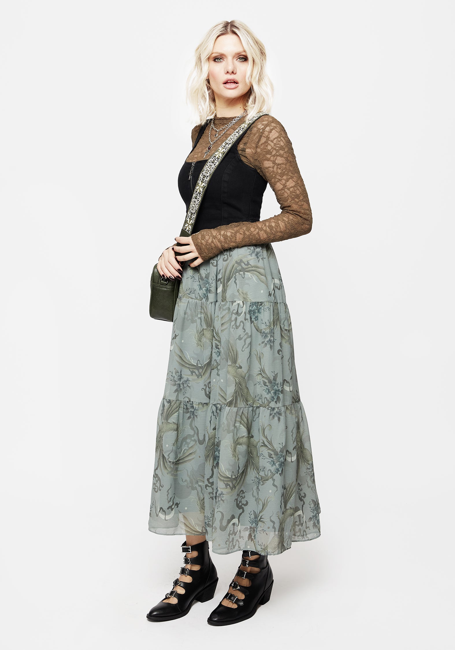 Pale Blue Dragon Print Chiffon Maxi Skirt | Tiered & Lined