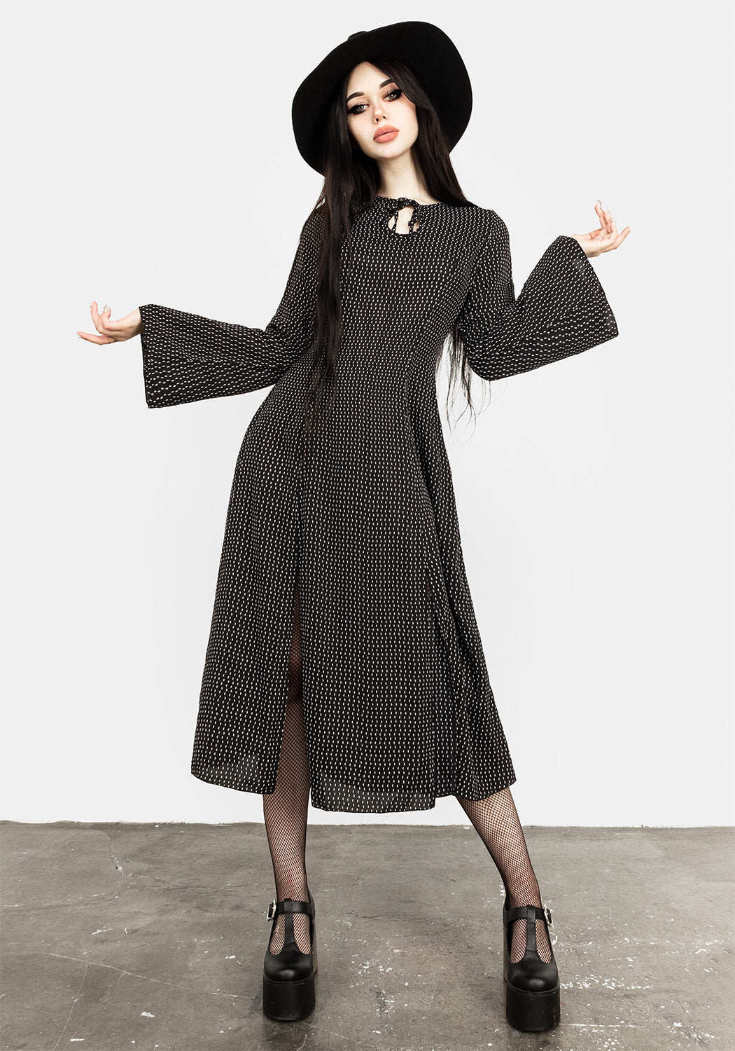 70s Split Midi Dress with Moon Print & Flared Sleeves | Chandra