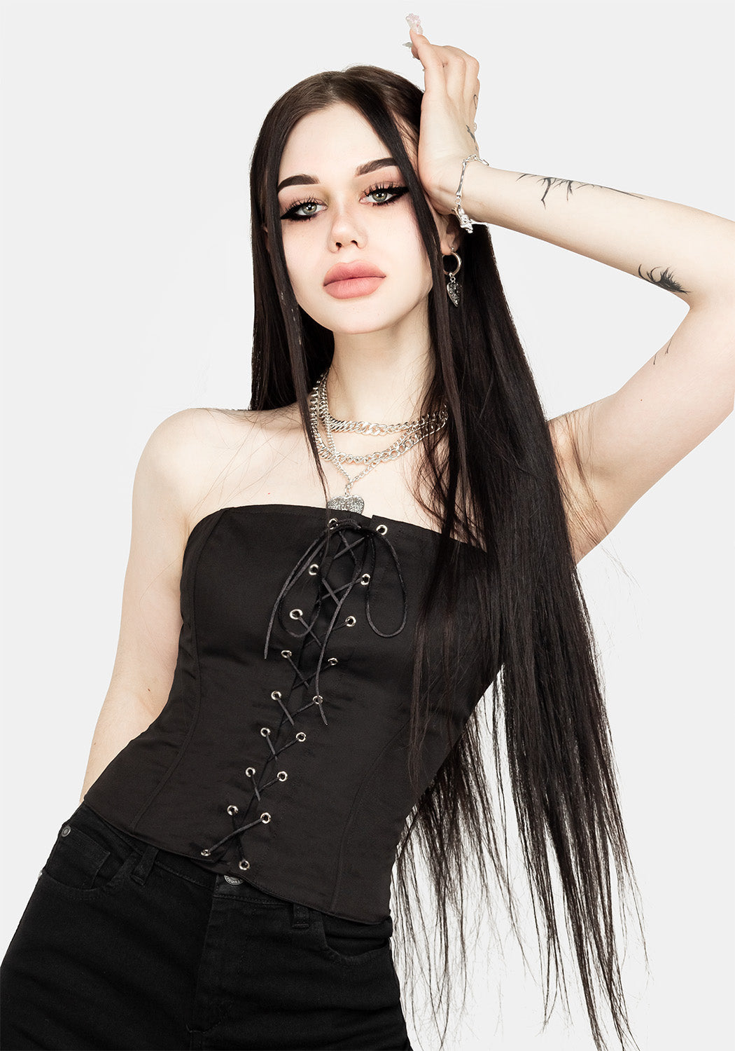Black Gothic Lace-Up Corset with Modesty Panel | Morticia