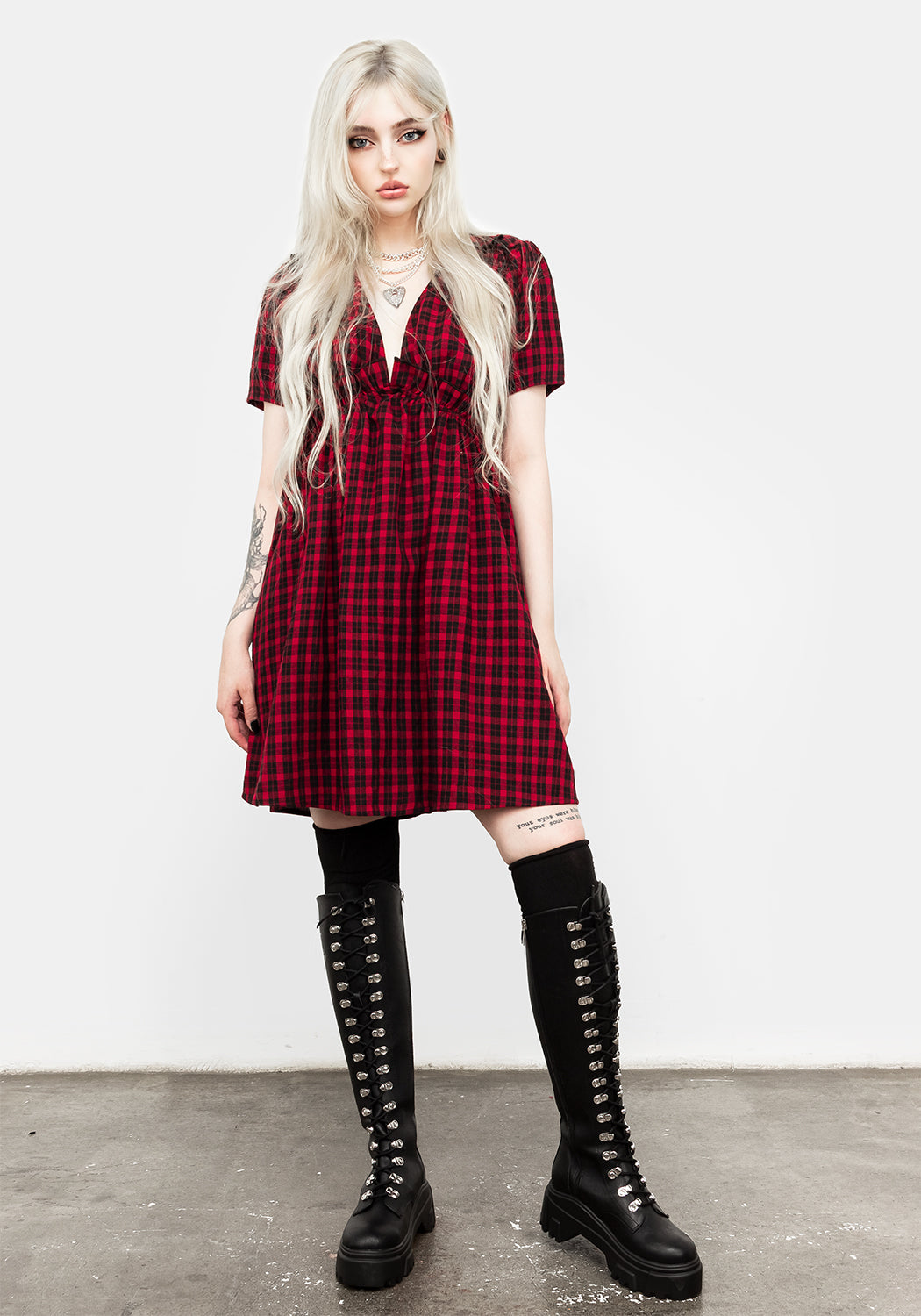 Grunge Check Mini Dress with Ruffles & V-Neck | Cotton Smock Dress