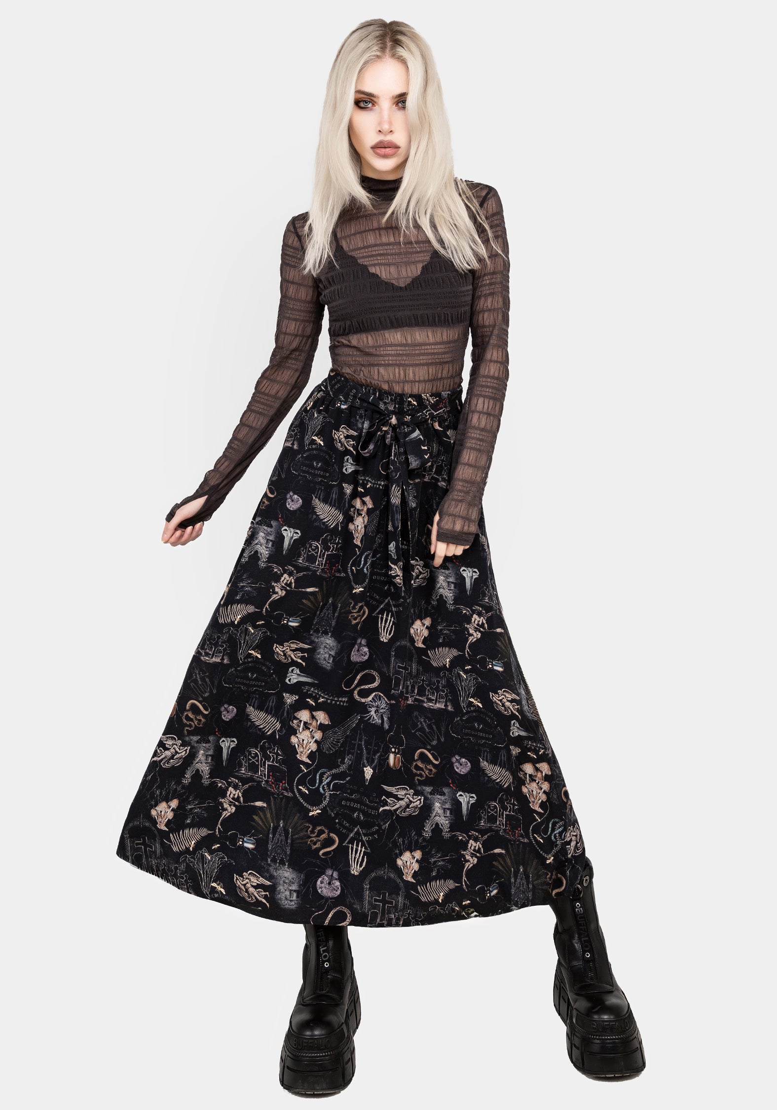 Gothic Victoriana Print Eco-Viscose Midi Skirt with Pockets | Maudeline