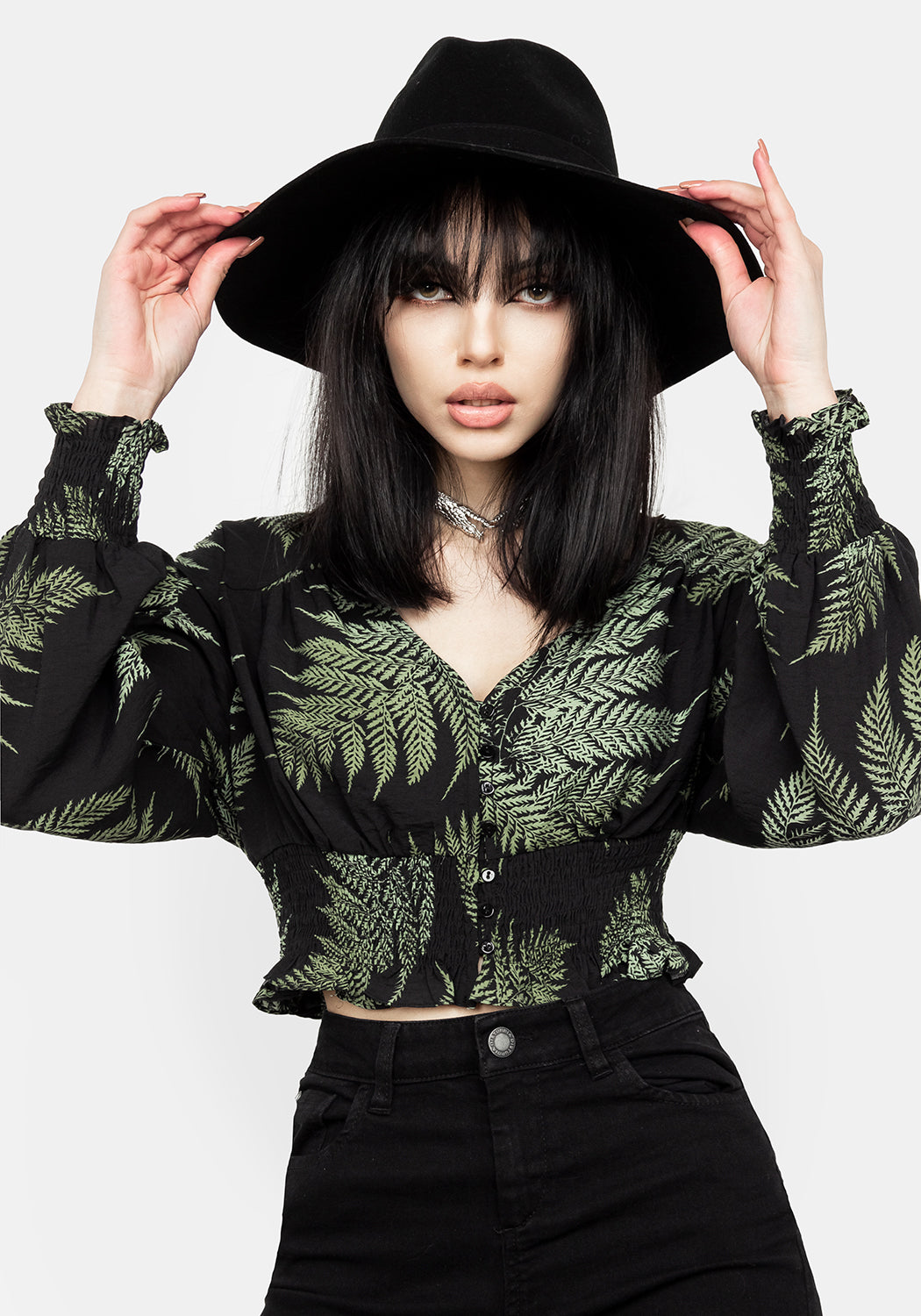 Long Sleeve Fern Print Crop Top with V-Neck | Flowy Shirred Blouse