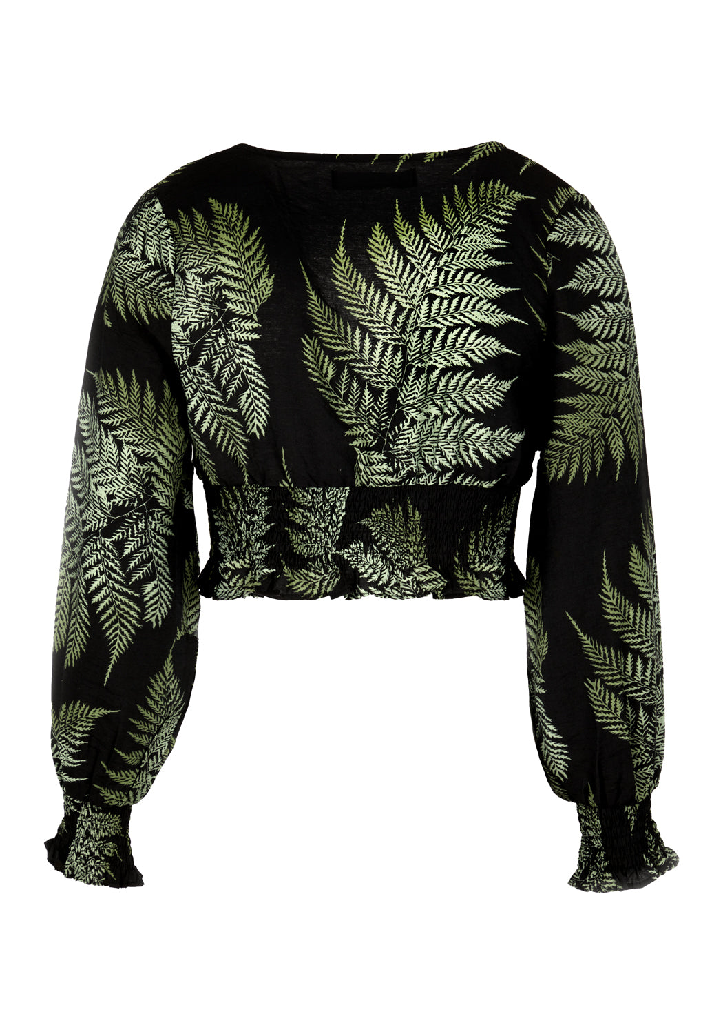 Long Sleeve Fern Print Crop Top with V-Neck | Flowy Shirred Blouse