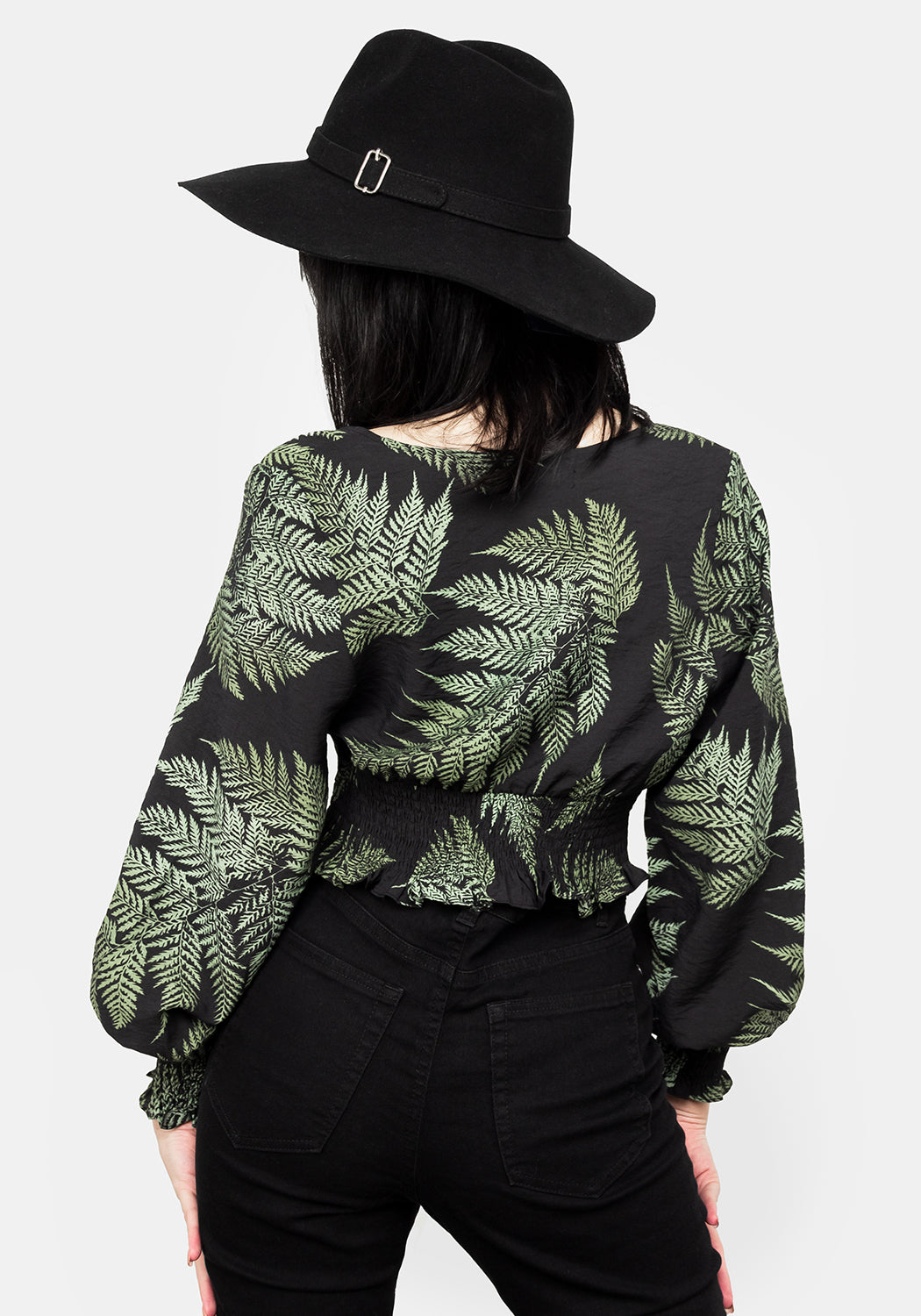 Long Sleeve Fern Print Crop Top with V-Neck | Flowy Shirred Blouse