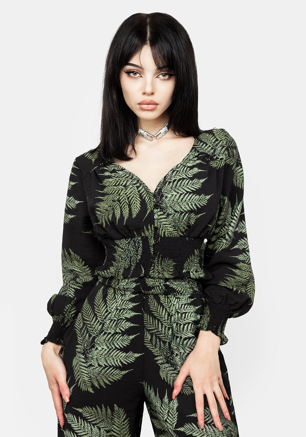 Long Sleeve Fern Print Crop Top with V-Neck | Flowy Shirred Blouse