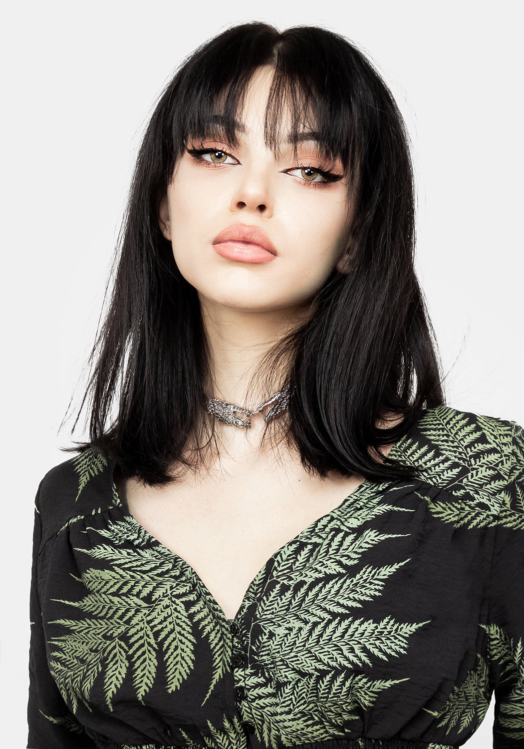 Long Sleeve Fern Print Crop Top with V-Neck | Flowy Shirred Blouse