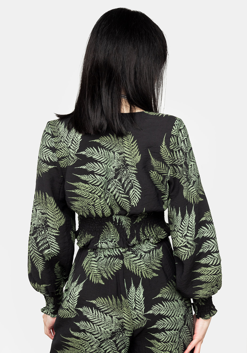 Long Sleeve Fern Print Crop Top with V-Neck | Flowy Shirred Blouse