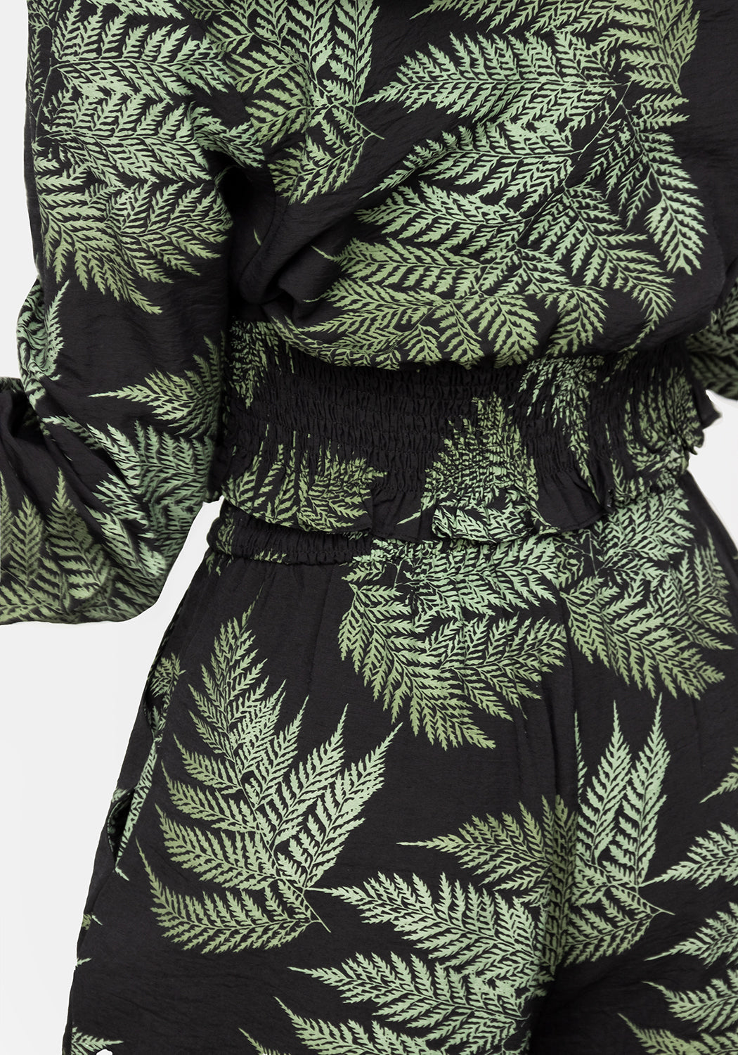 Long Sleeve Fern Print Crop Top with V-Neck | Flowy Shirred Blouse