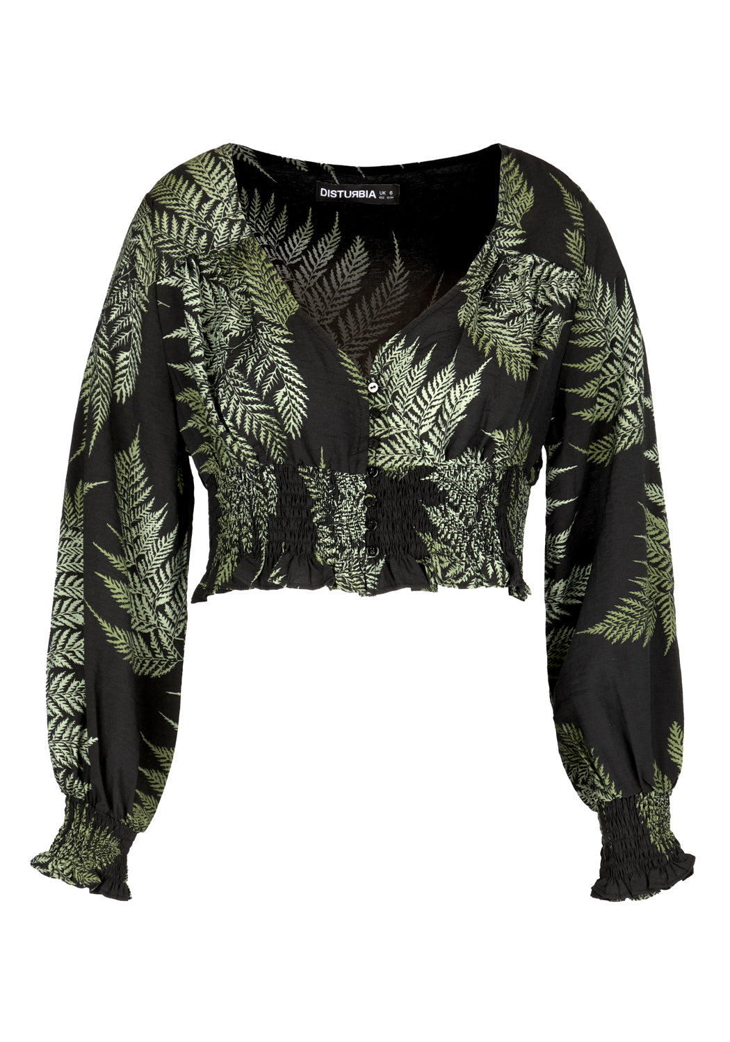 Long Sleeve Fern Print Crop Top with V-Neck | Flowy Shirred Blouse