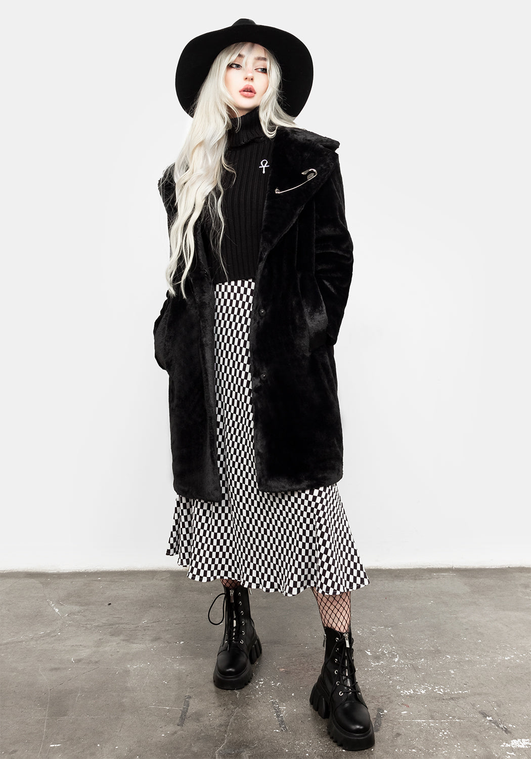 Oversized Black Faux Fur Coat with Safety Pin | Creature