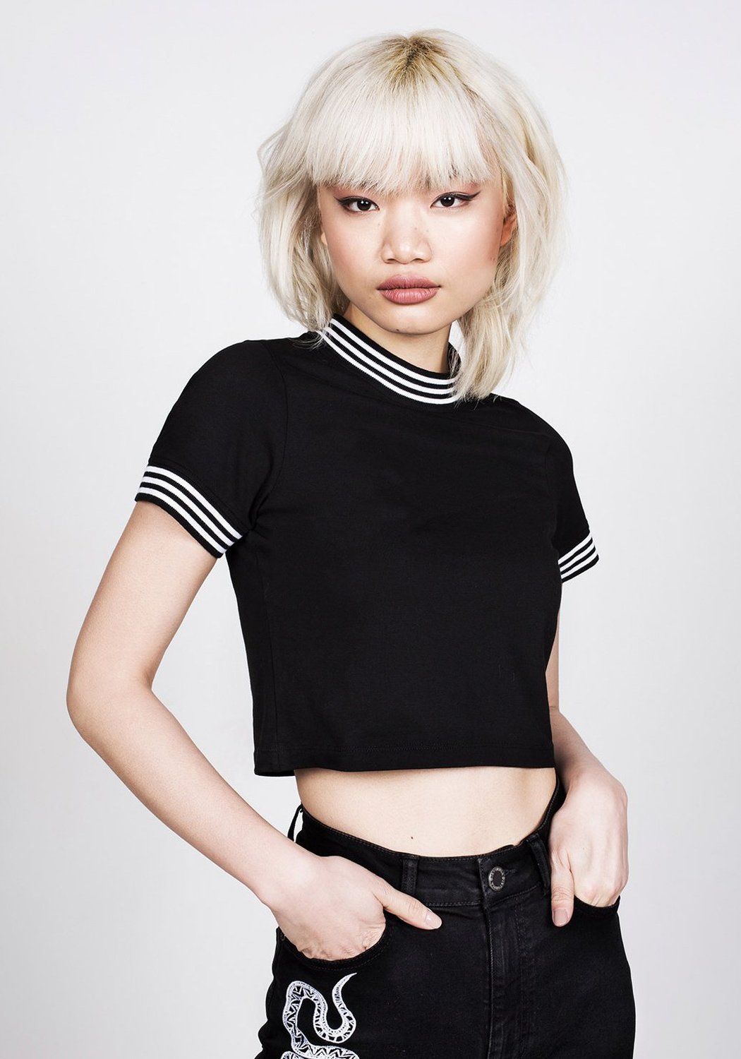 Ribbed Crop Top with Mock Neck & Striped Detailing | Monica