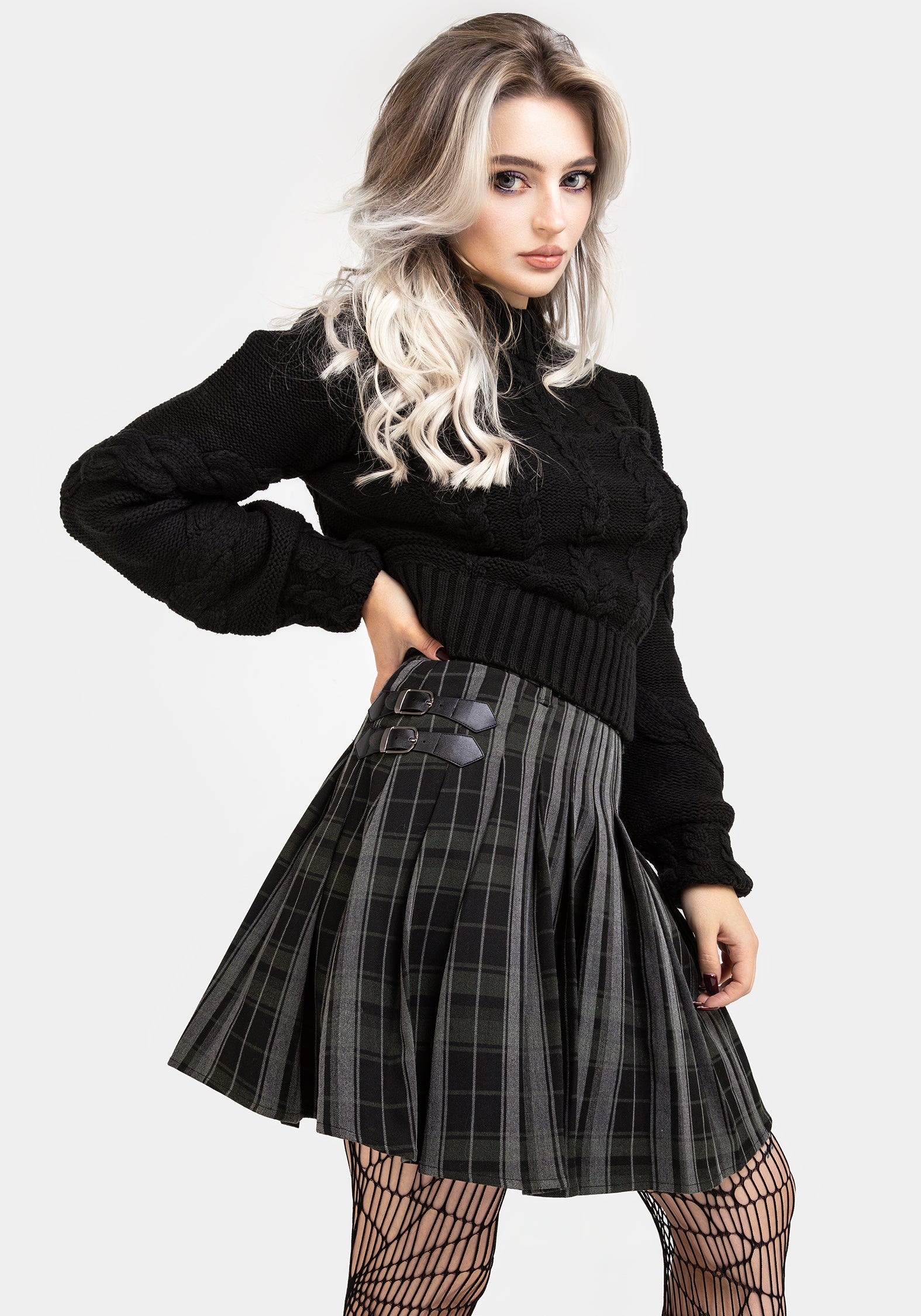 Green & Black Pleated Check Mini Skirt with A-Line Fit | Bittersweet