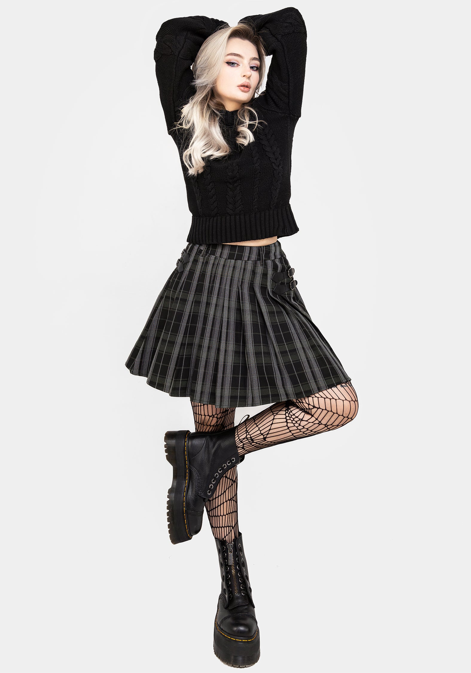 Green & Black Pleated Check Mini Skirt with A-Line Fit | Bittersweet