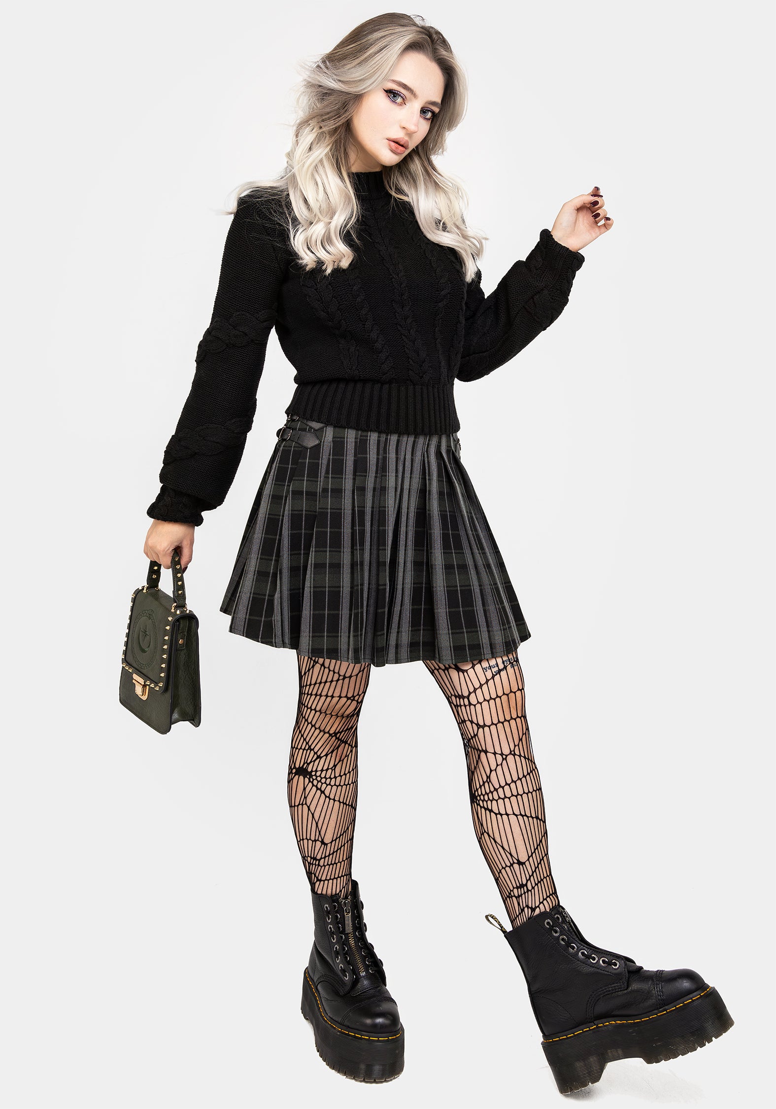 Green & Black Pleated Check Mini Skirt with A-Line Fit | Bittersweet