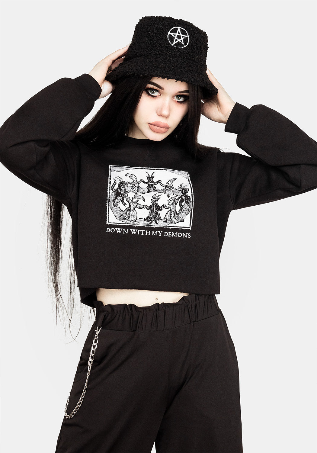 Black Cropped Demon Sweater with Oversized Fit & Graphic Print | Nastya