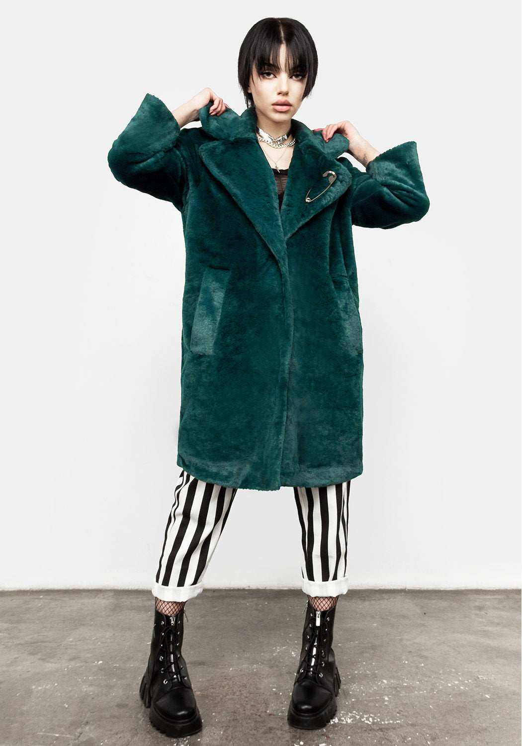 Emerald Green Oversized Faux Fur Coat with Safety Pin | Creature