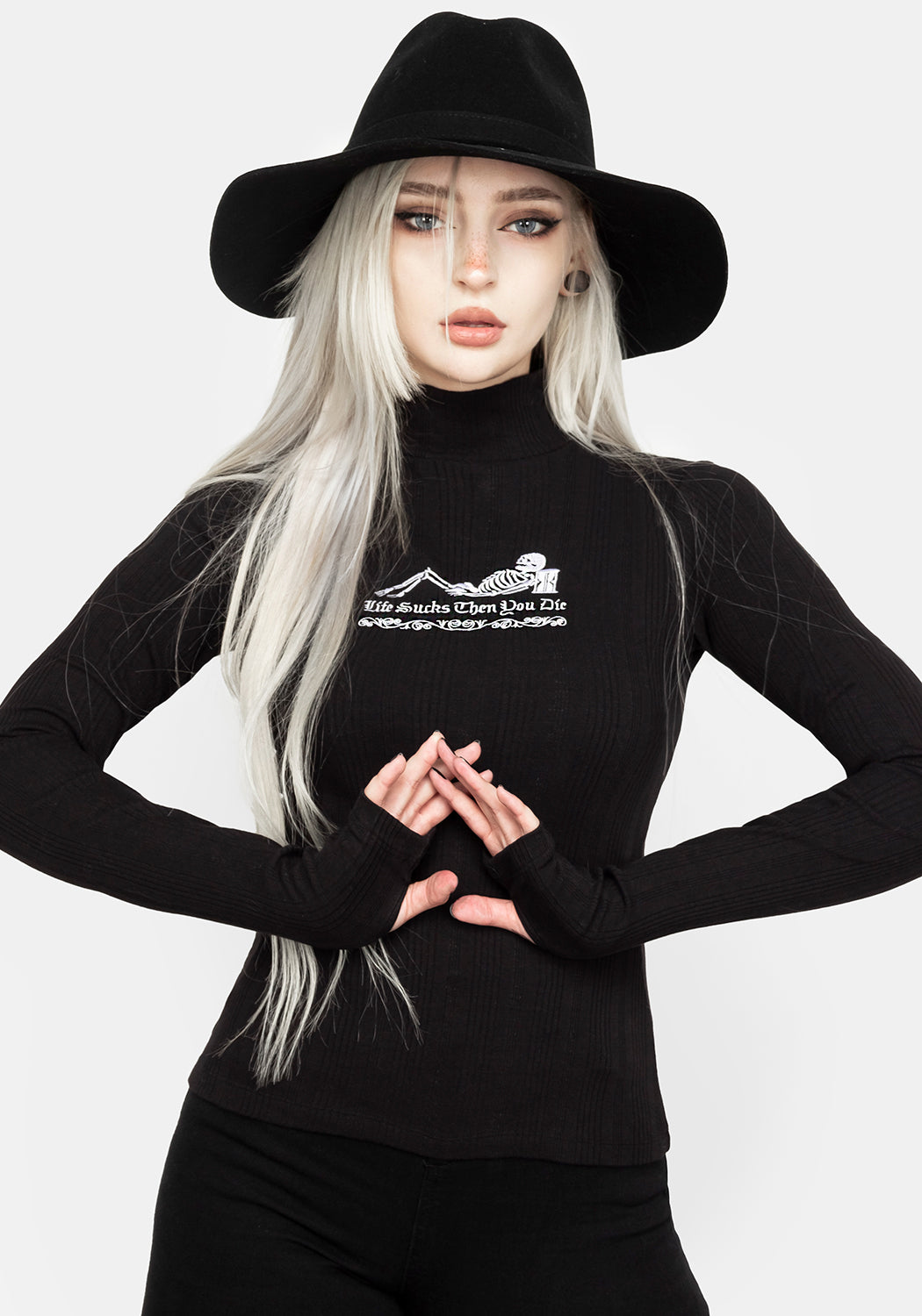Black High Neck Long Sleeve Top with 'Life Sucks' Embroidery | Slim Fit
