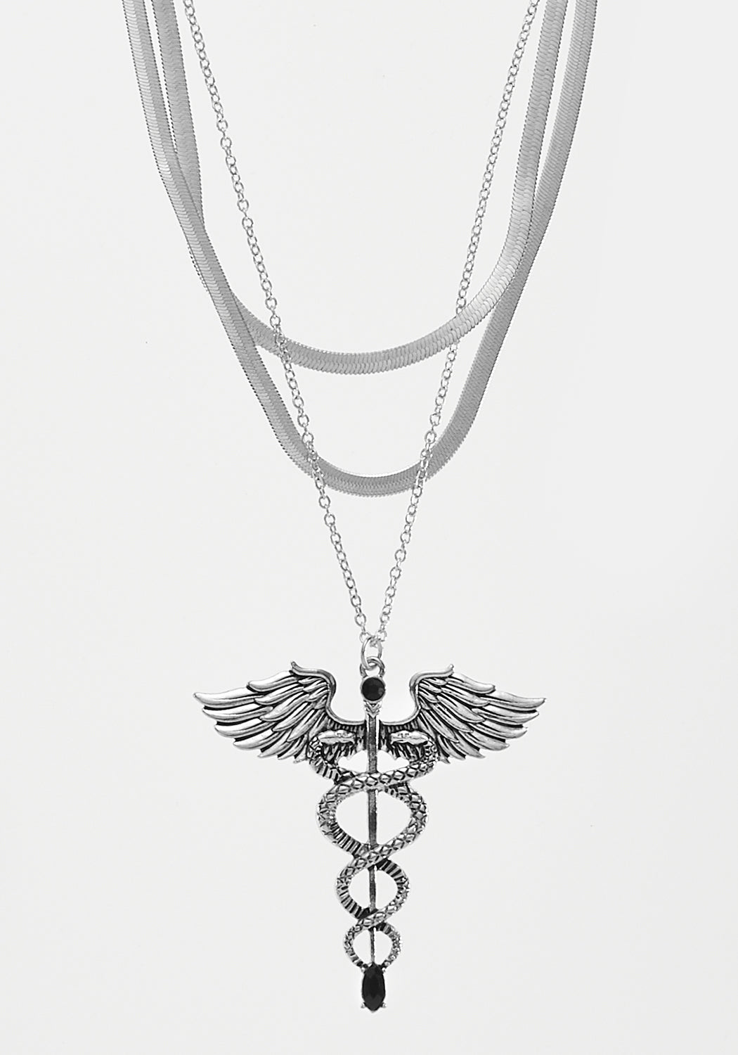 Multi-Chain Caduceus Necklace with Gemstones | Silver Snake Chains
