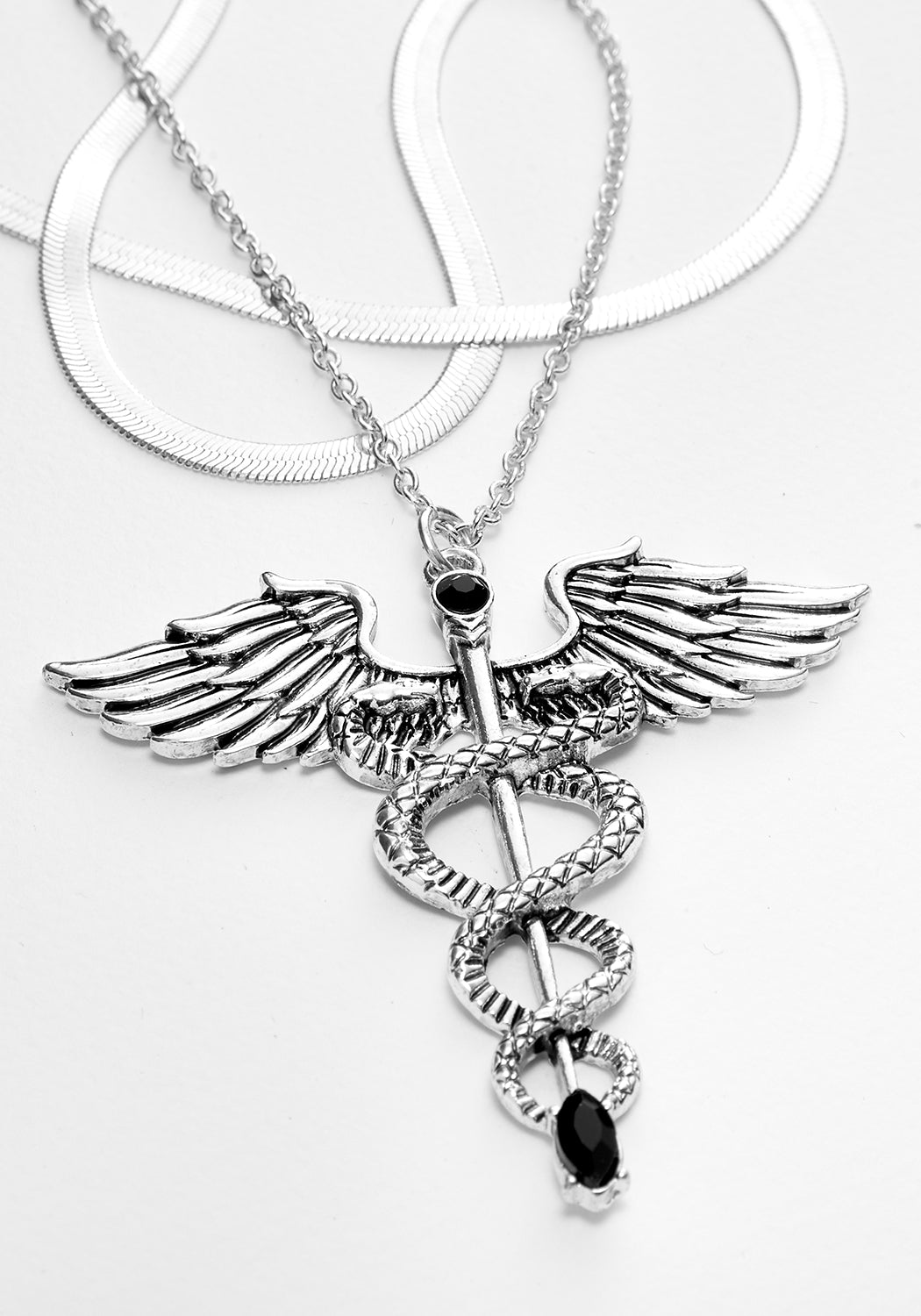Multi-Chain Caduceus Necklace with Gemstones | Silver Snake Chains