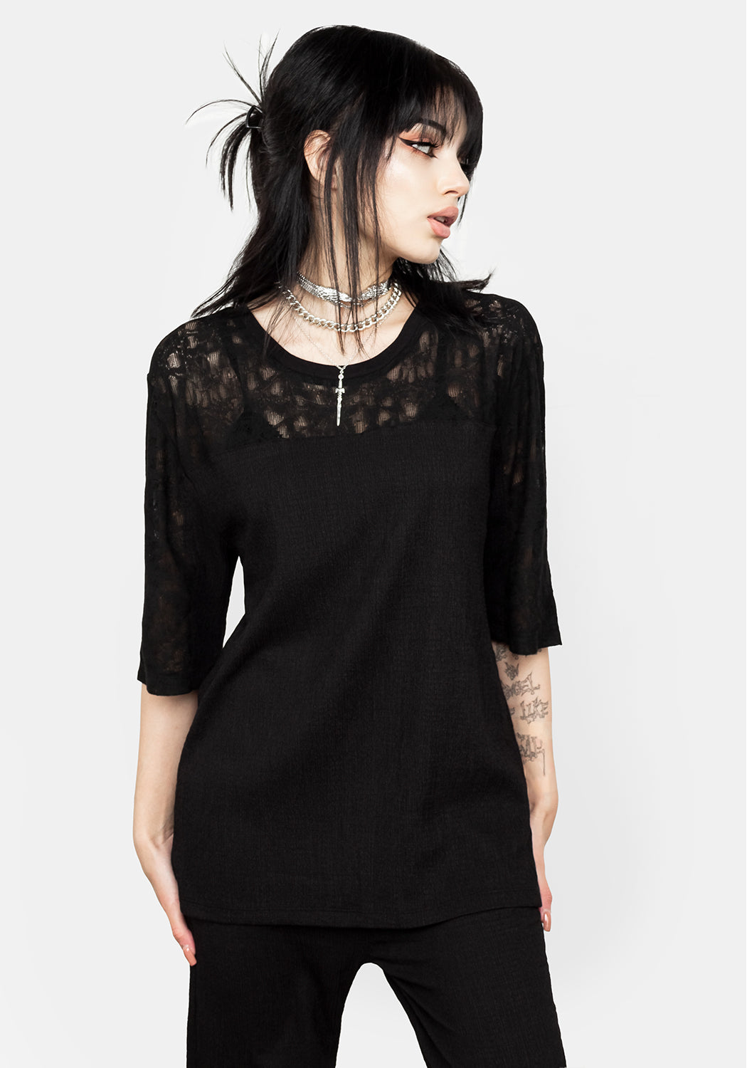 Black Lace Panel T-Shirt with Relaxed Fit | Libertina