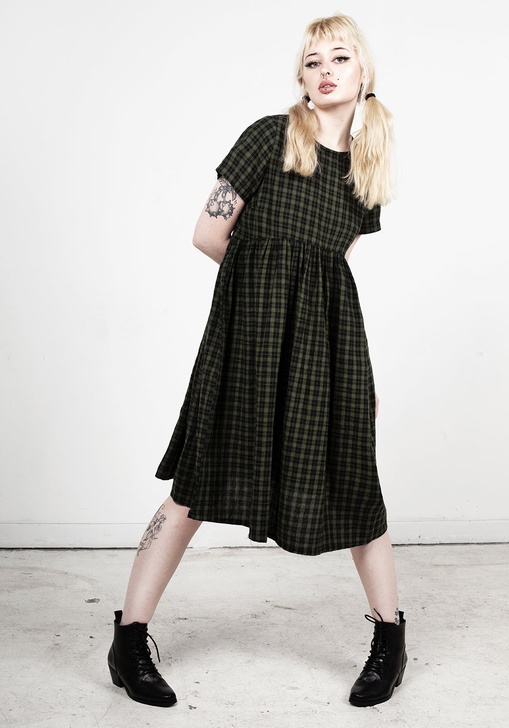 Green Gingham Midi Dress with Gathered Waist | Terra