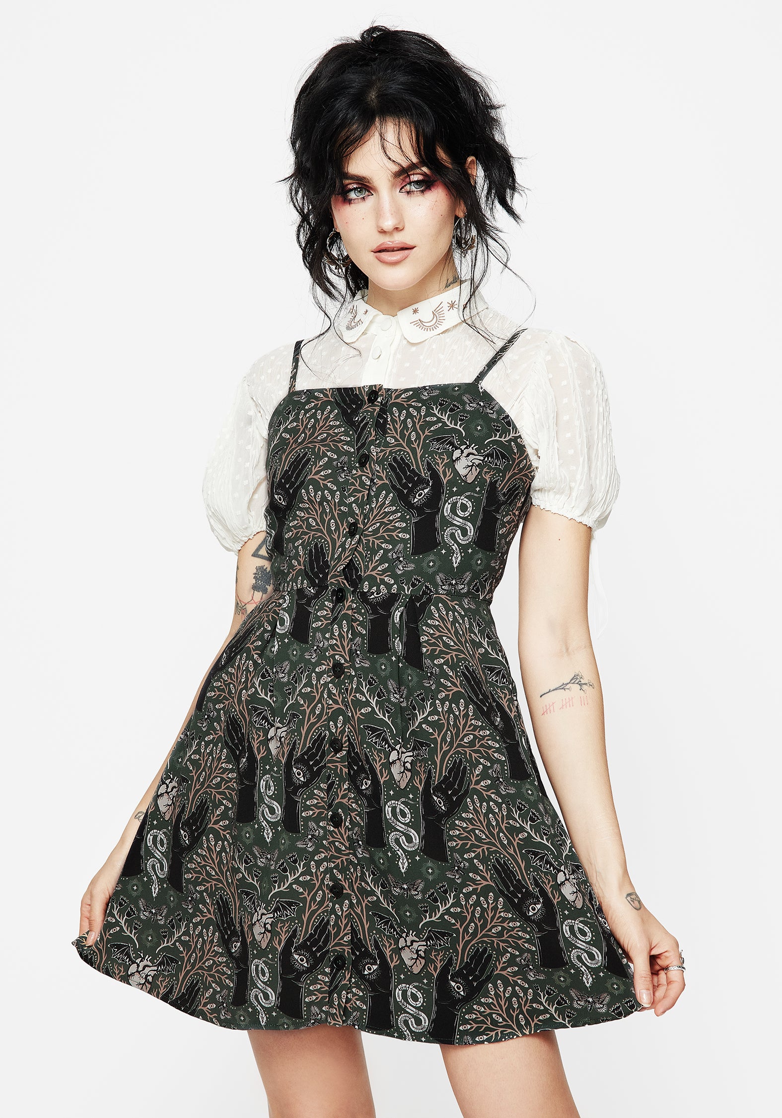 Green Witch Print Button-Up Mini Apron Dress | Flattering Fit & Flare