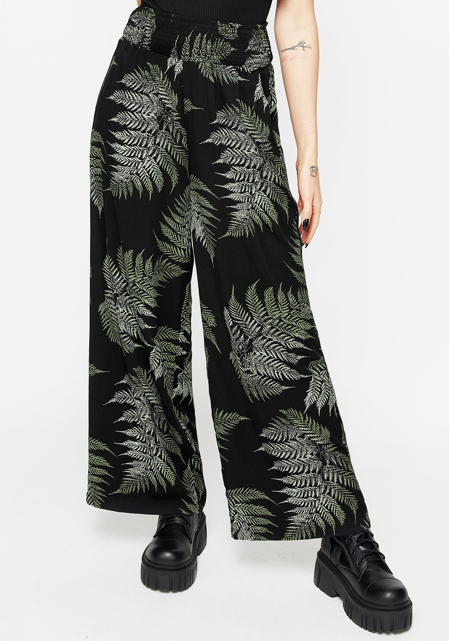 Fern Print Wide-Leg Trousers with Elastic Waist & Pockets | Flowy Pants
