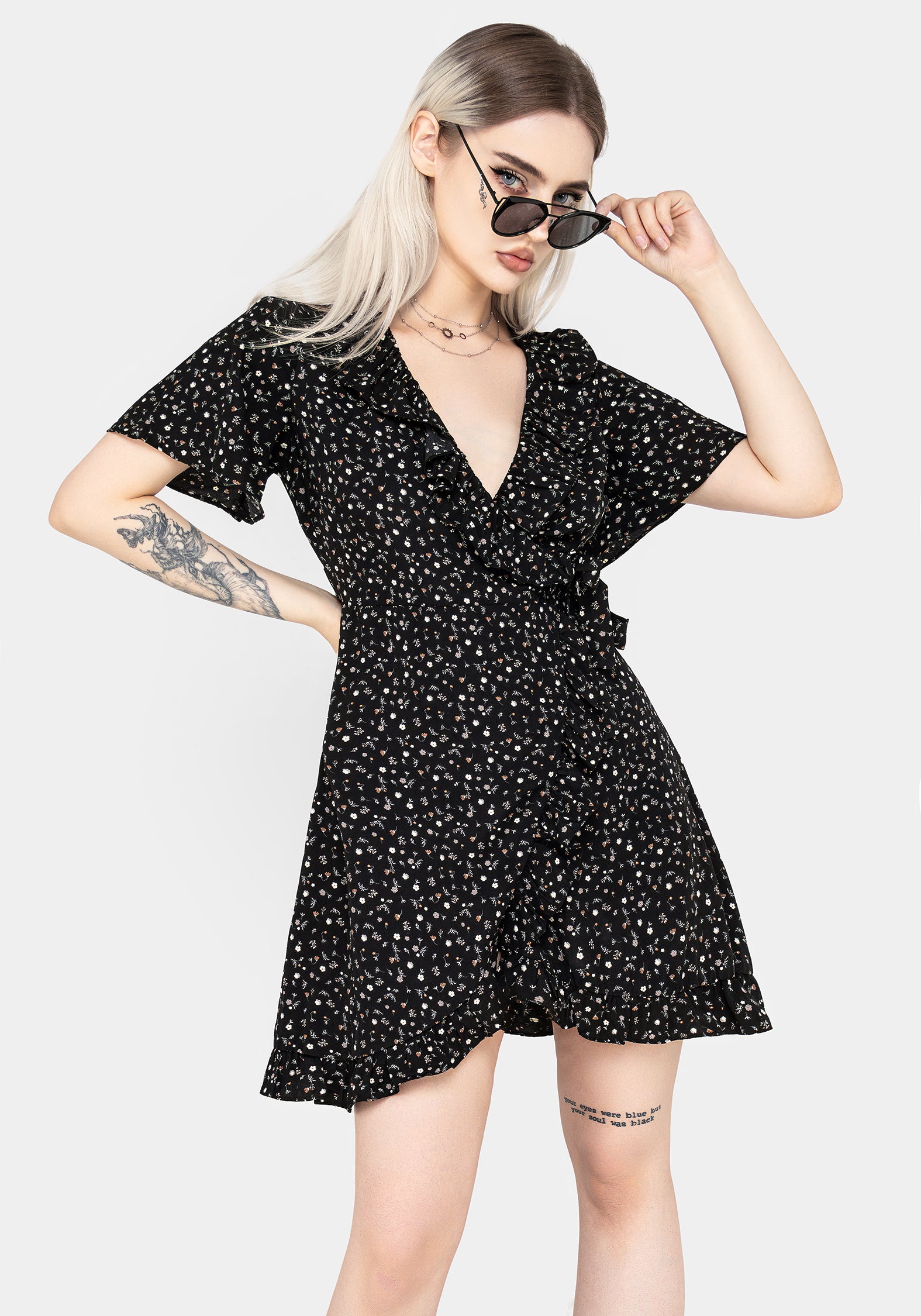 Floral Wrap Mini Dress with Ruffle Hem & Side Tie | Moonseed