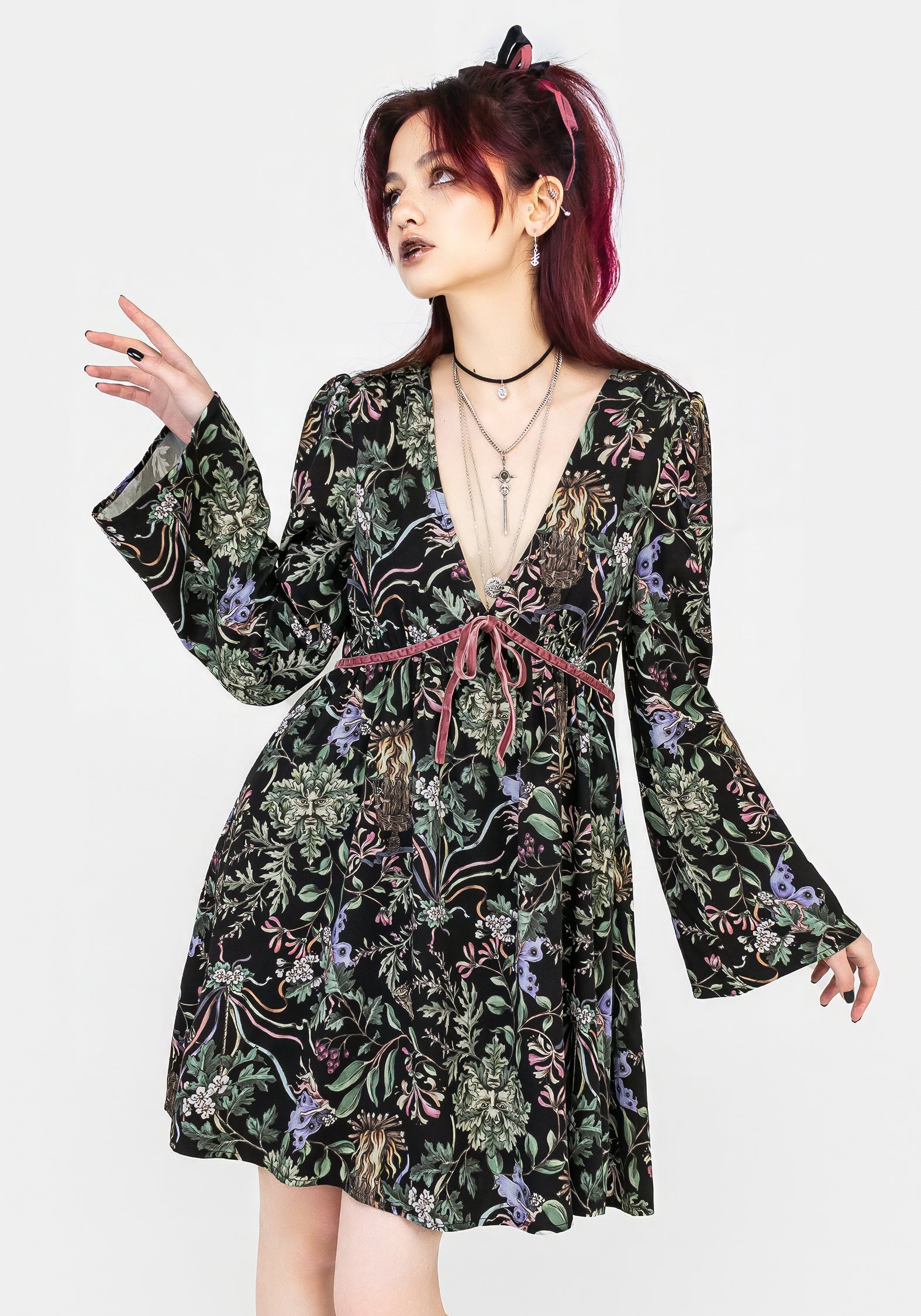 Black Floral Wicca Mini Dress with Fluted Sleeves | Beltane