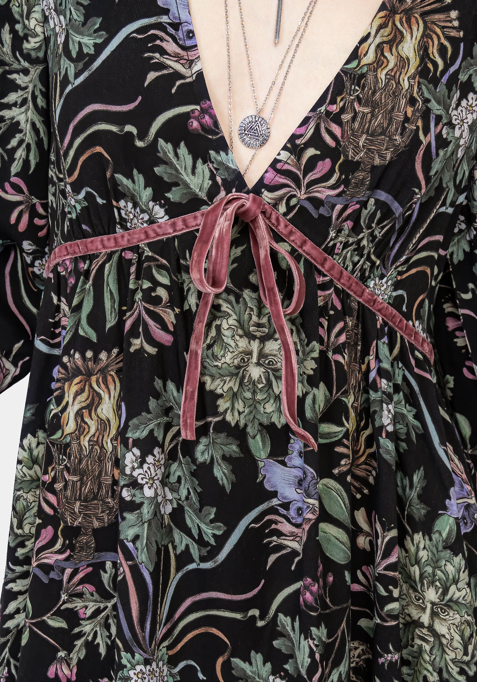 Black Floral Wicca Mini Dress with Fluted Sleeves | Beltane