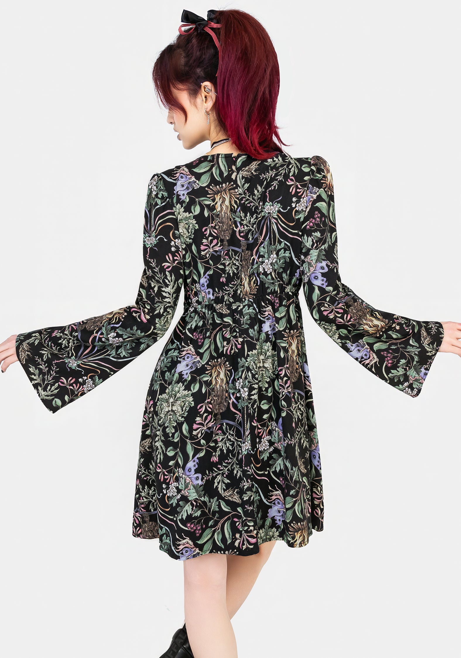 Black Floral Wicca Mini Dress with Fluted Sleeves | Beltane