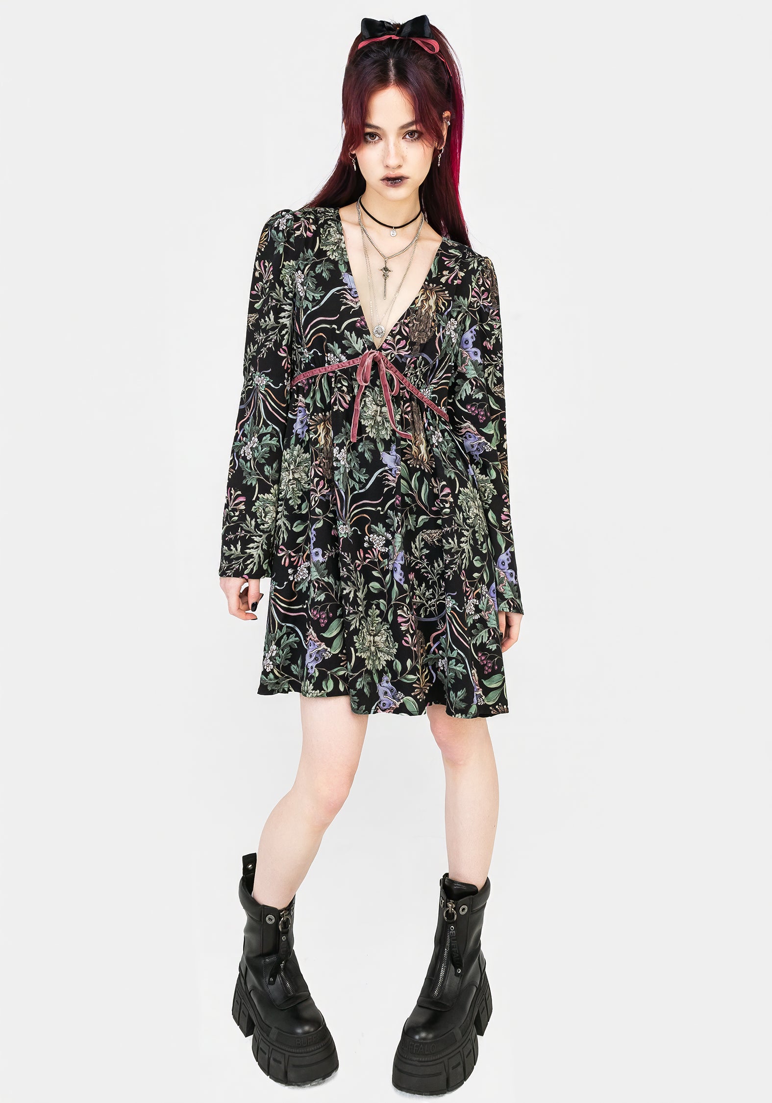 Black Floral Wicca Mini Dress with Fluted Sleeves | Beltane