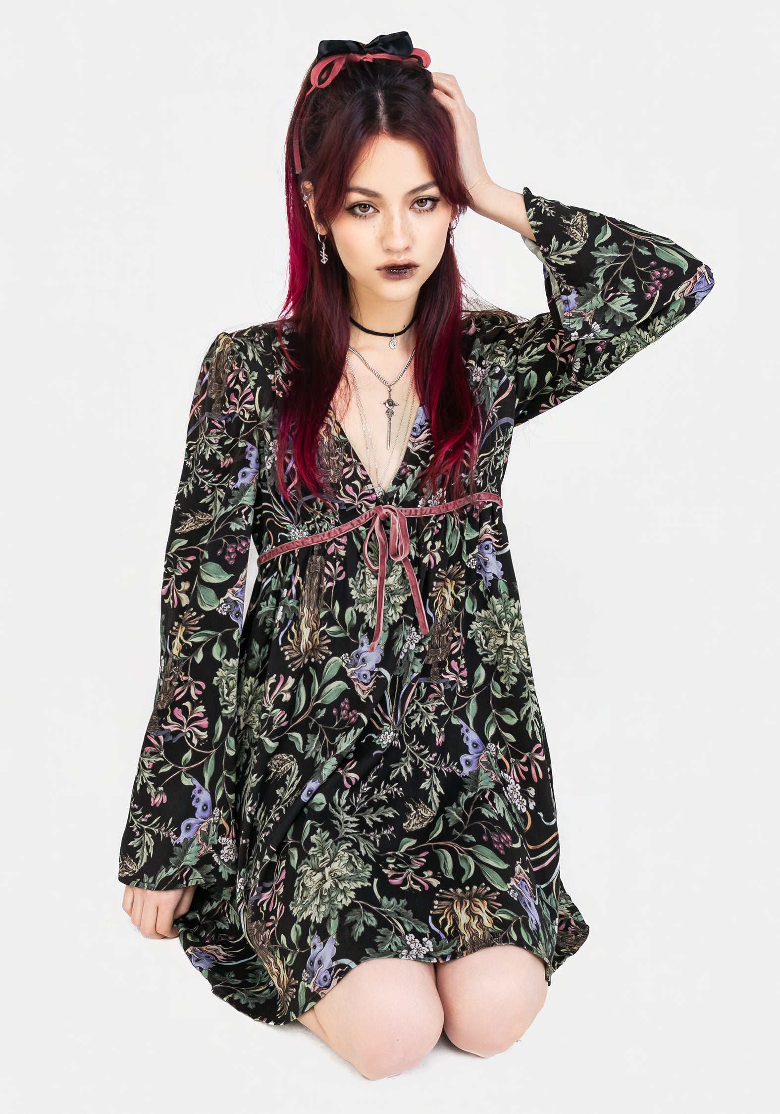 Black Floral Wicca Mini Dress with Fluted Sleeves | Beltane