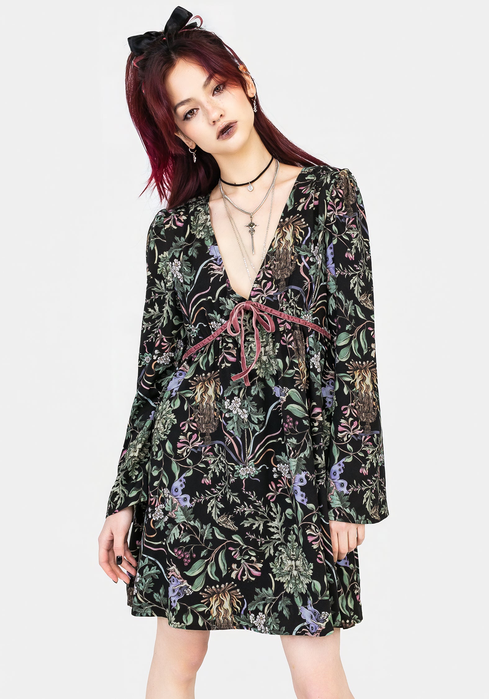 Black Floral Wicca Mini Dress with Fluted Sleeves | Beltane