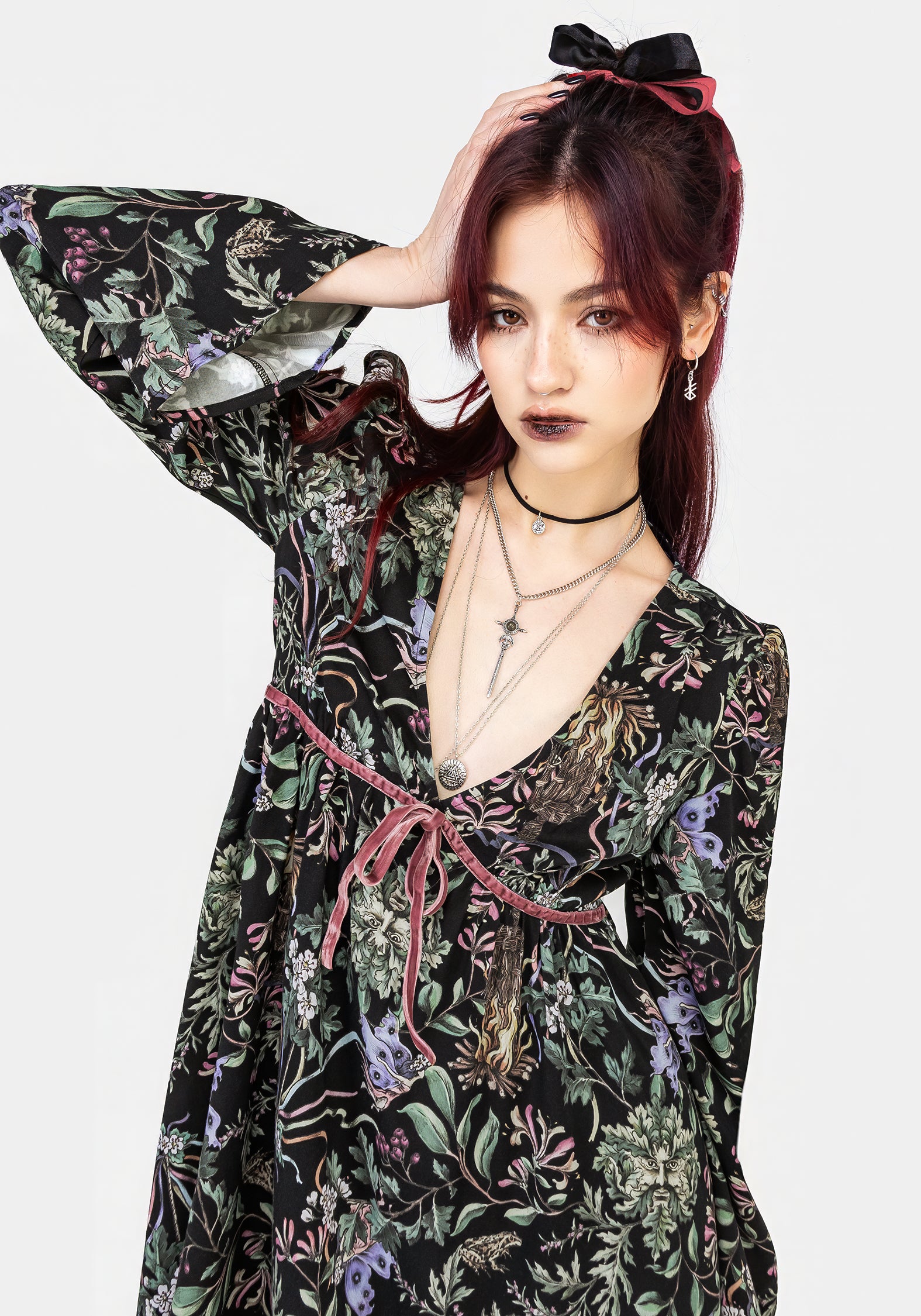 Black Floral Wicca Mini Dress with Fluted Sleeves | Beltane