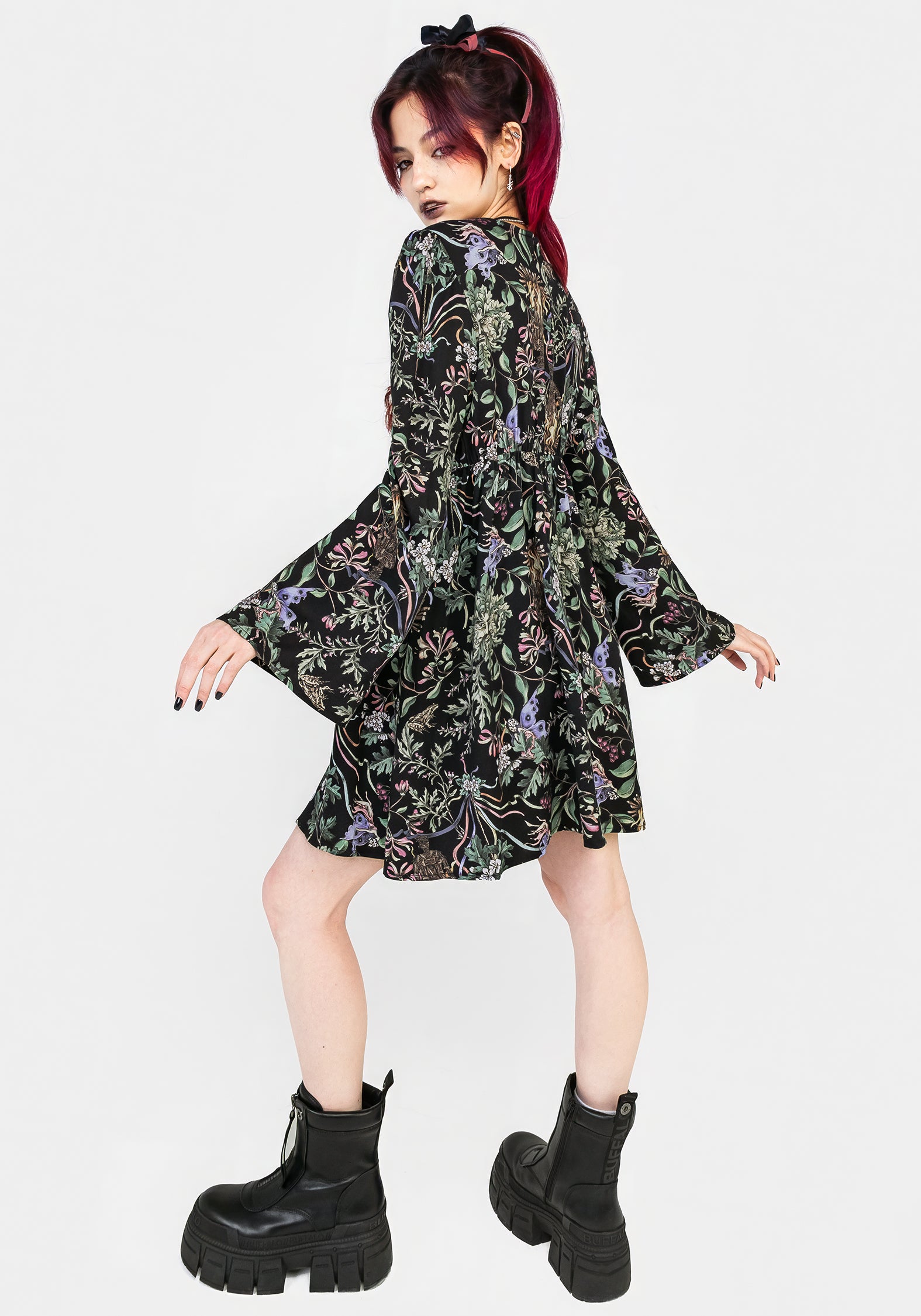 Black Floral Wicca Mini Dress with Fluted Sleeves | Beltane