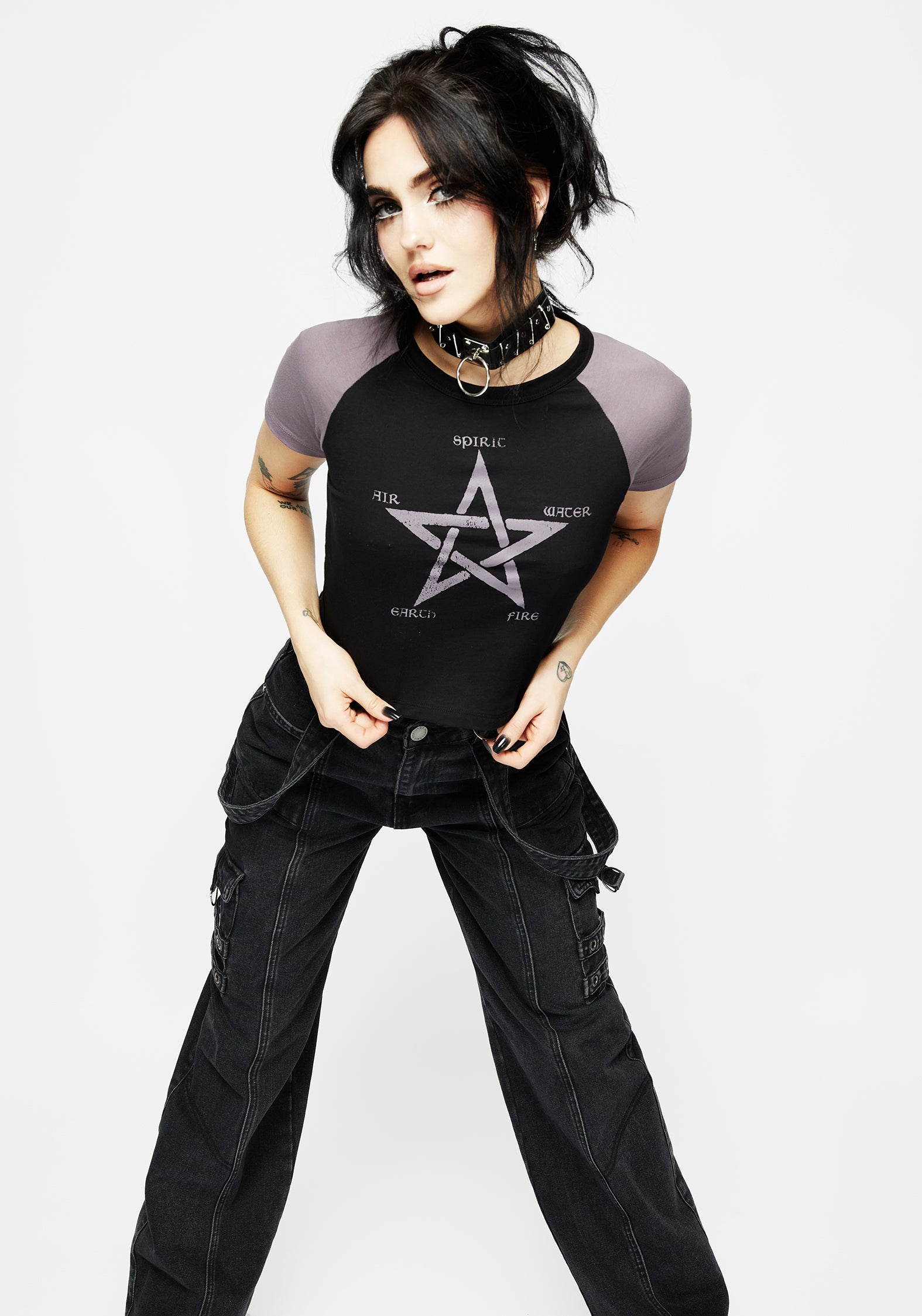Black Graphic Print Crop Top with Raglan Sleeves | Aether T-shirt