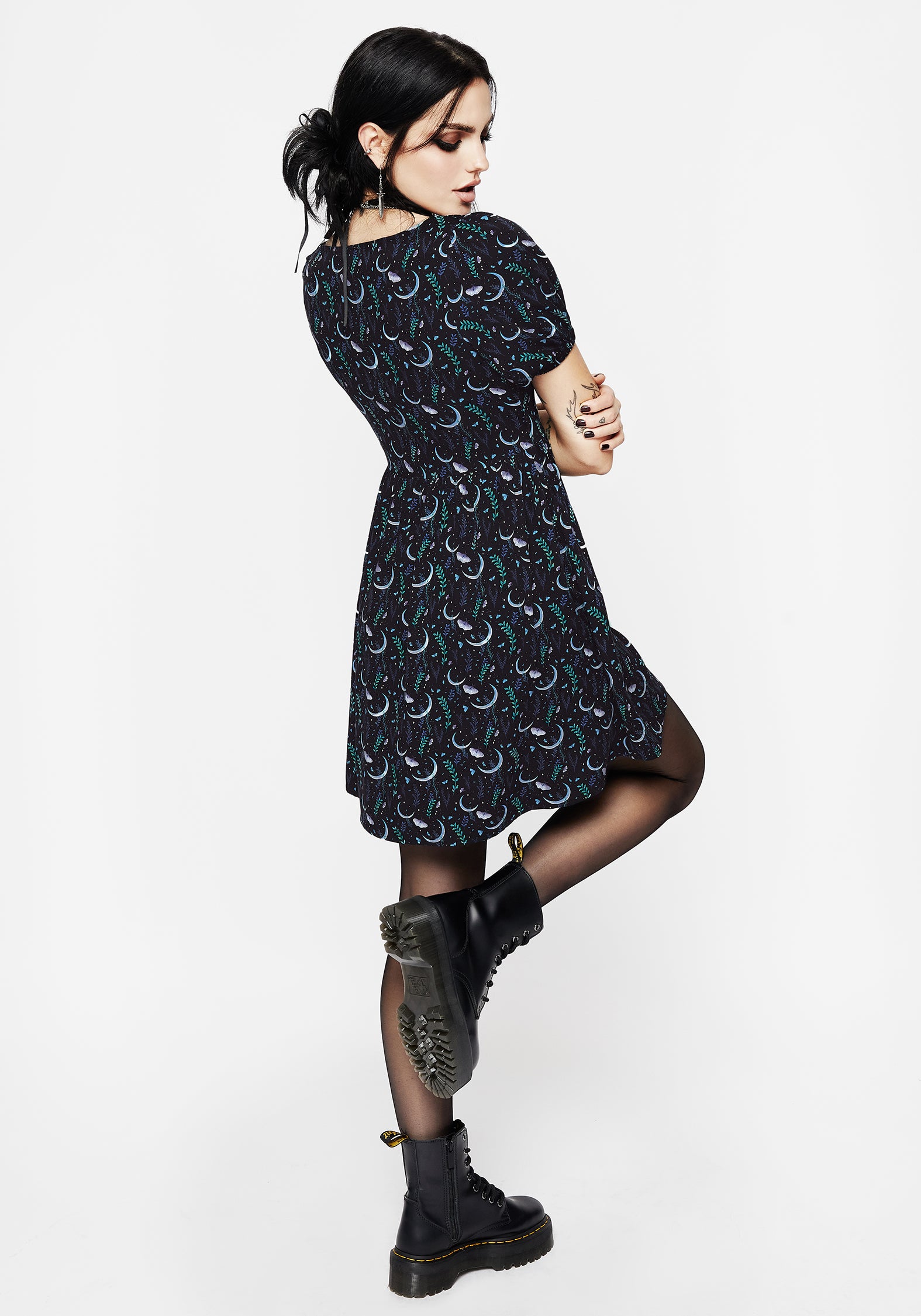Black Moth & Moon Print Mini Dress | Diana Moon